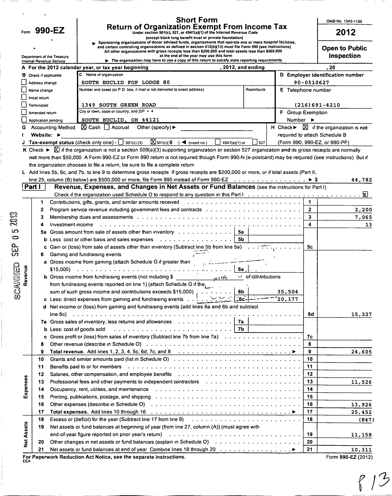 Image of first page of 2012 Form 990EO for Fraternal Order of Police - 80 South Euclid Lodge