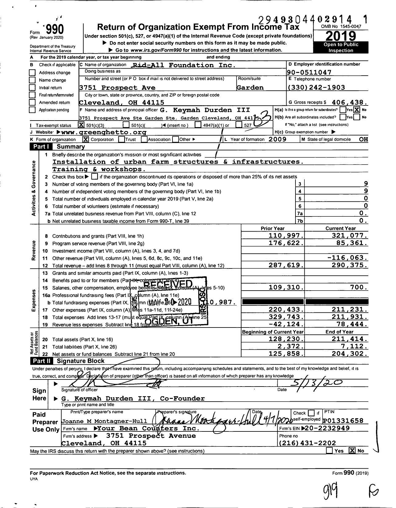 Image of first page of 2019 Form 990 for Rid-All Foundation