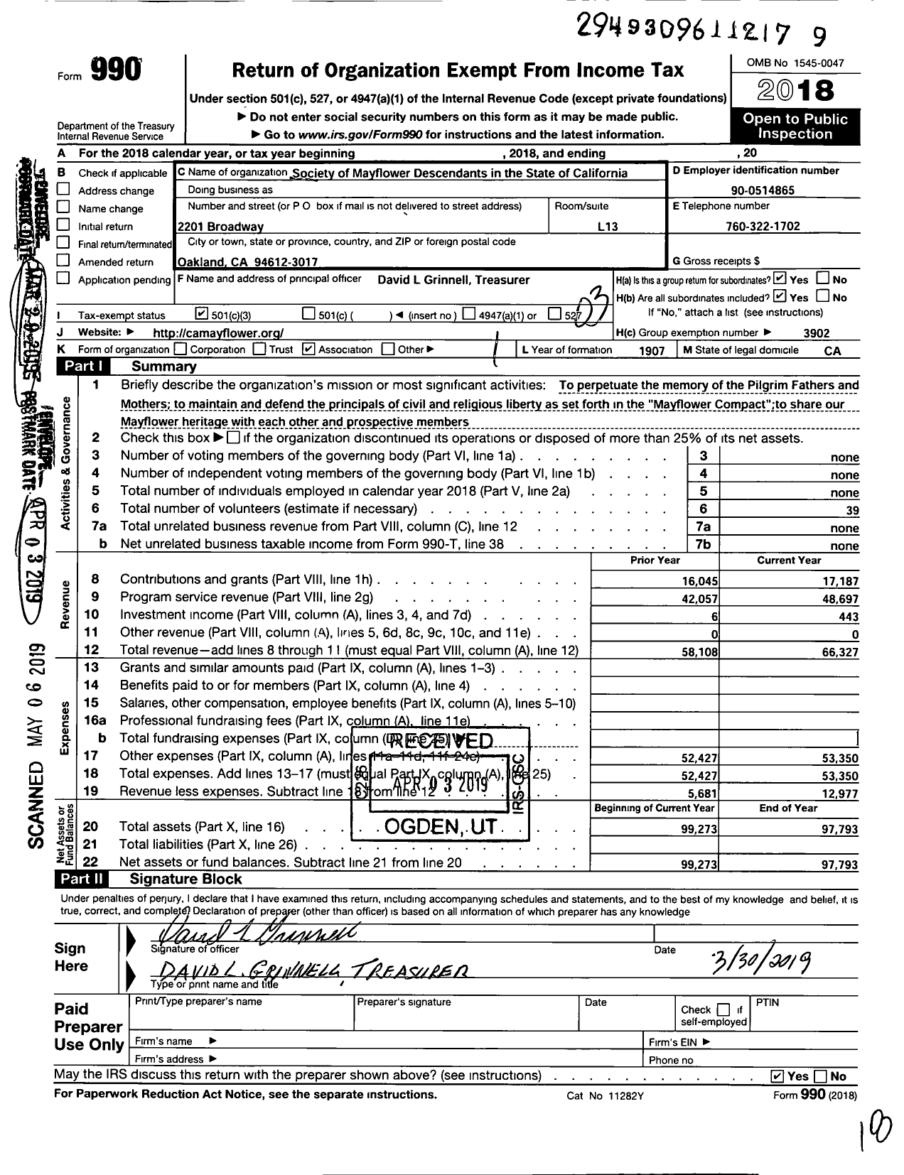 Image of first page of 2018 Form 990 for The Society of Mayflower Descendents in the State of California