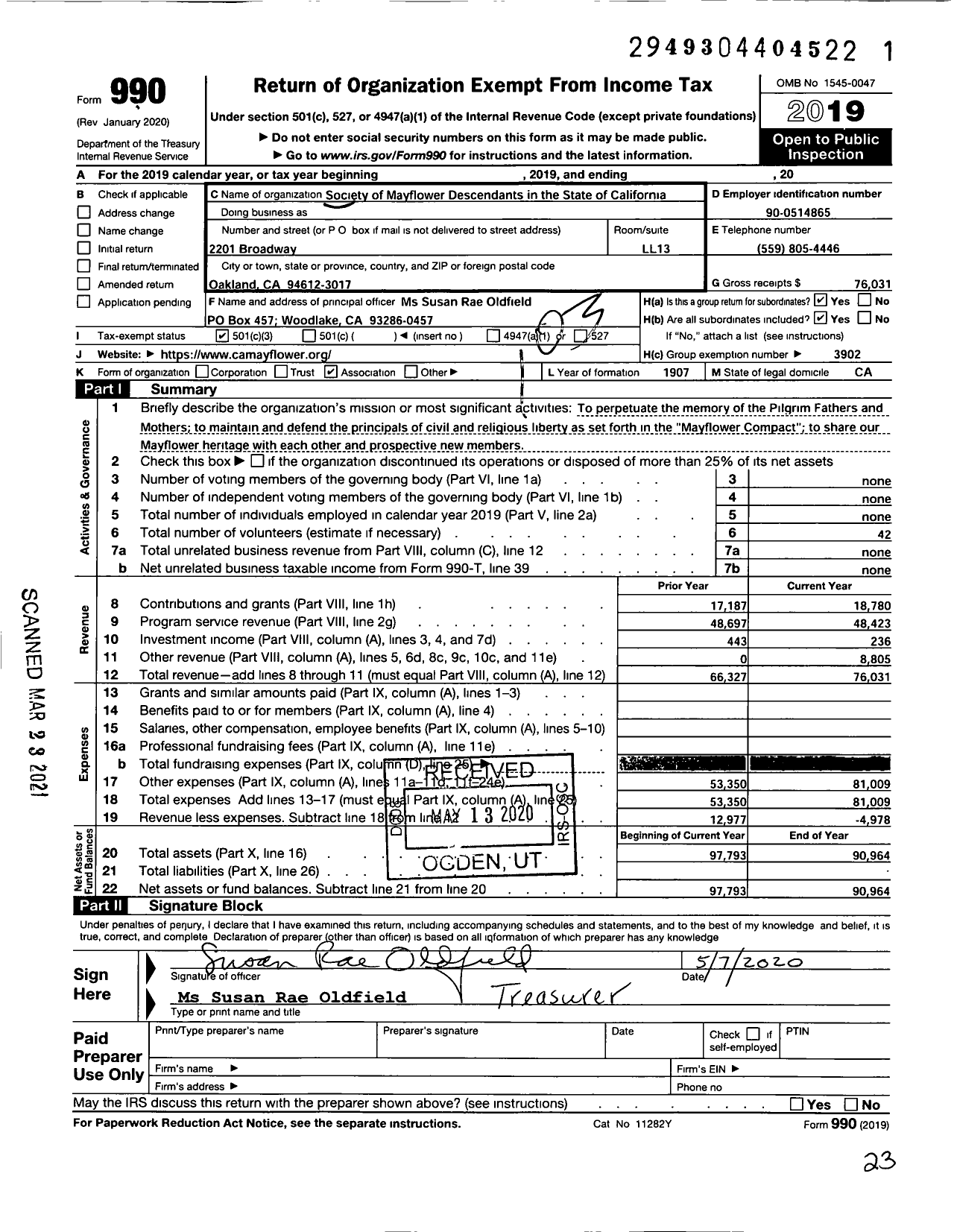 Image of first page of 2019 Form 990 for The Society of Mayflower Descendents in the State of California