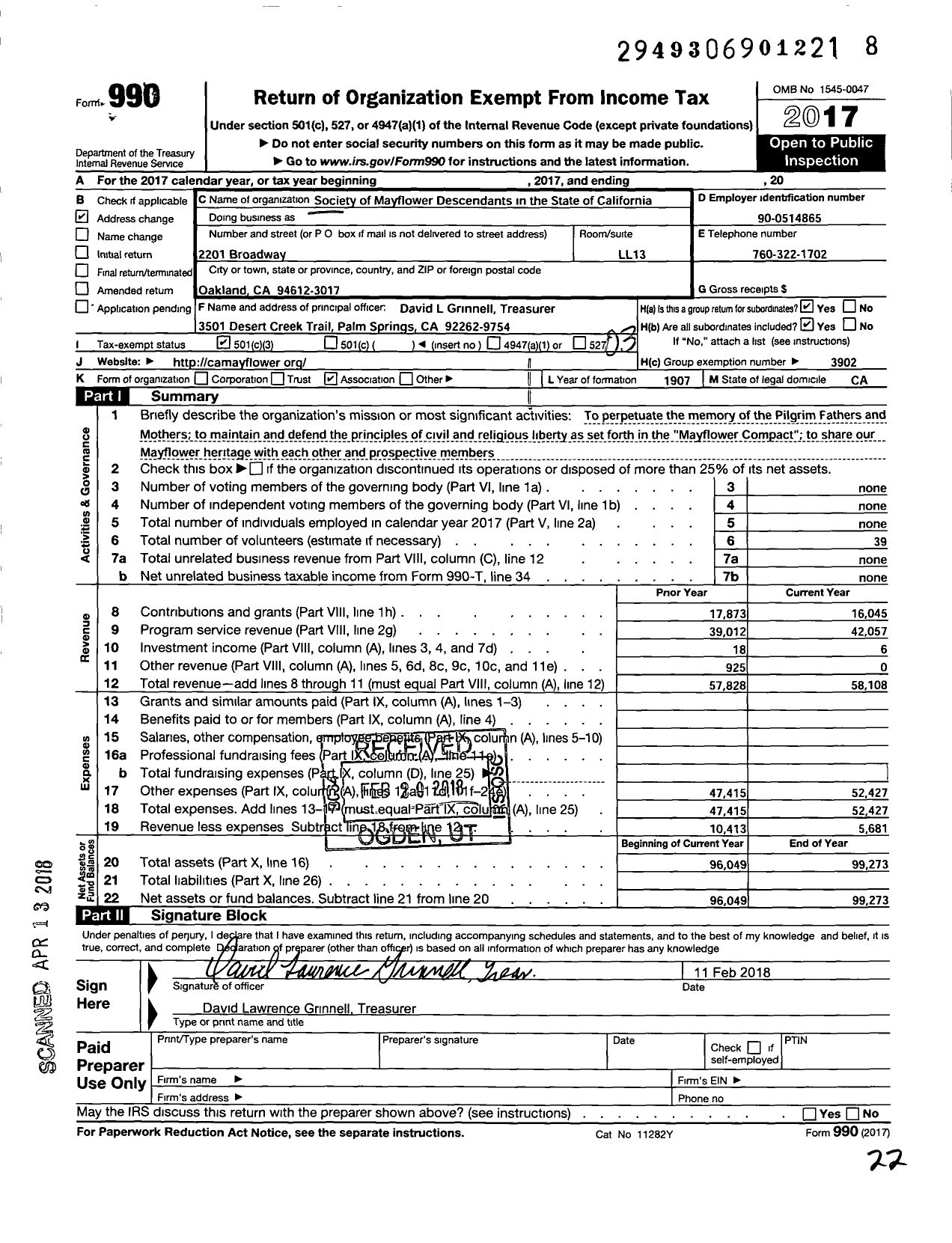 Image of first page of 2017 Form 990 for The Society of Mayflower Descendents in the State of California