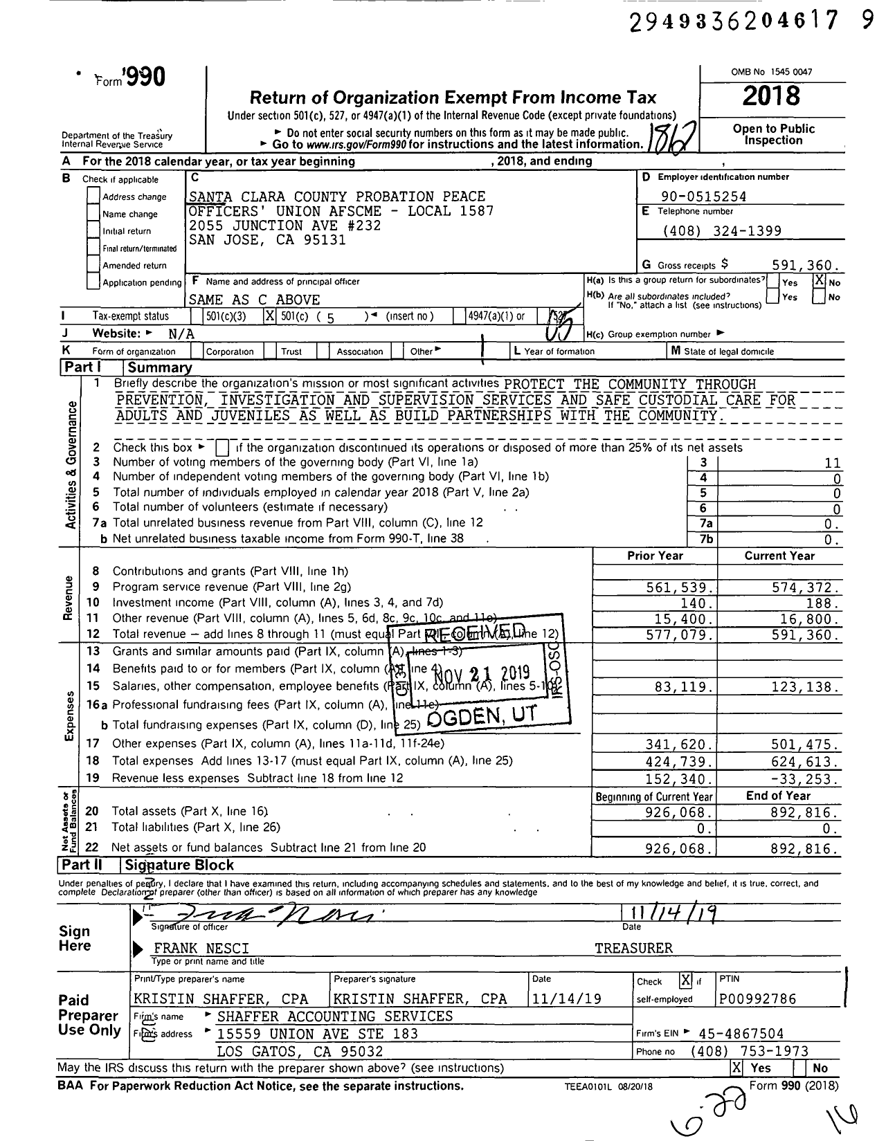 Image of first page of 2018 Form 990O for Santa Clara County Probation Peace Officers Union AFSCME - Local 1587