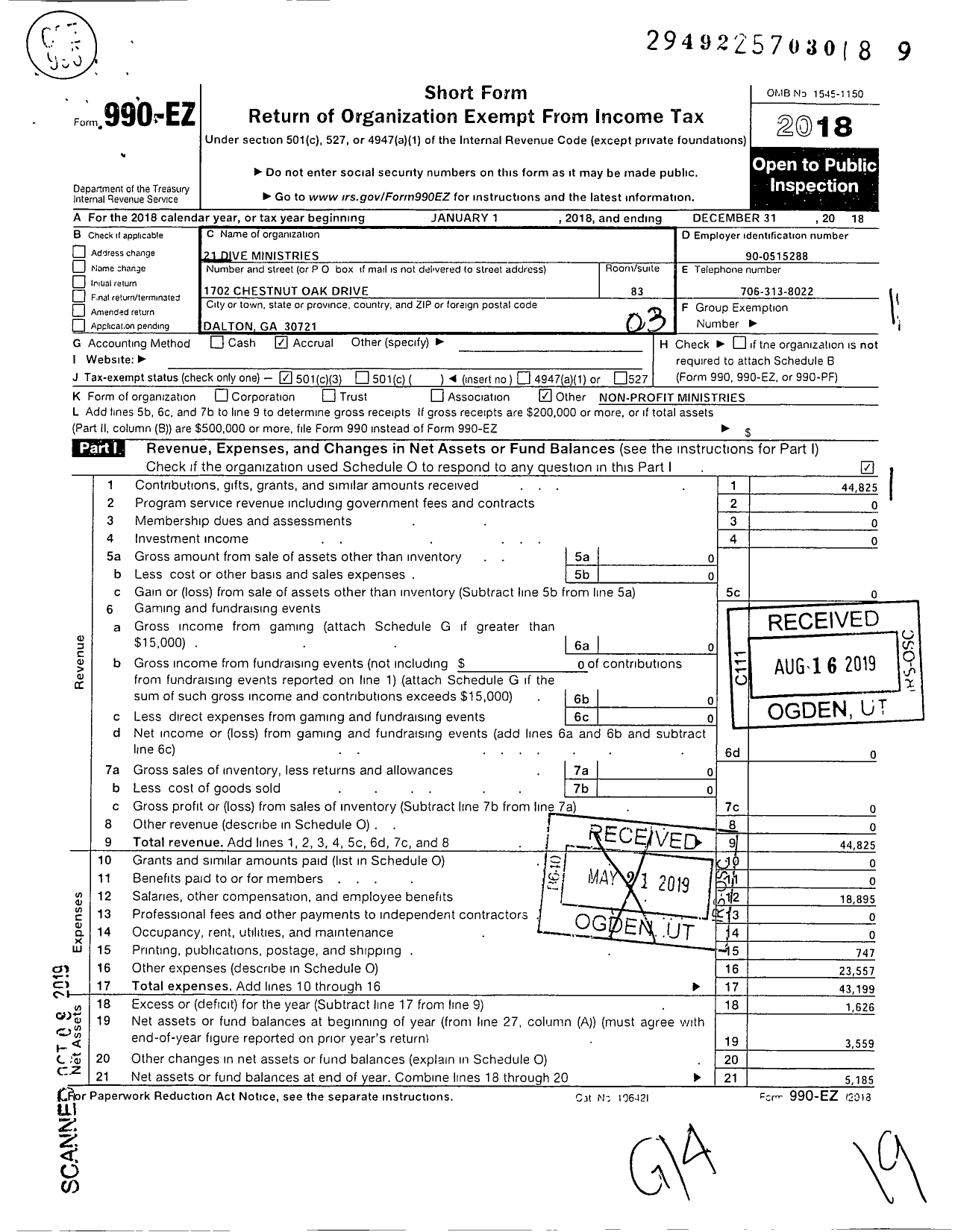 Image of first page of 2018 Form 990EZ for 21 Dive Ministries