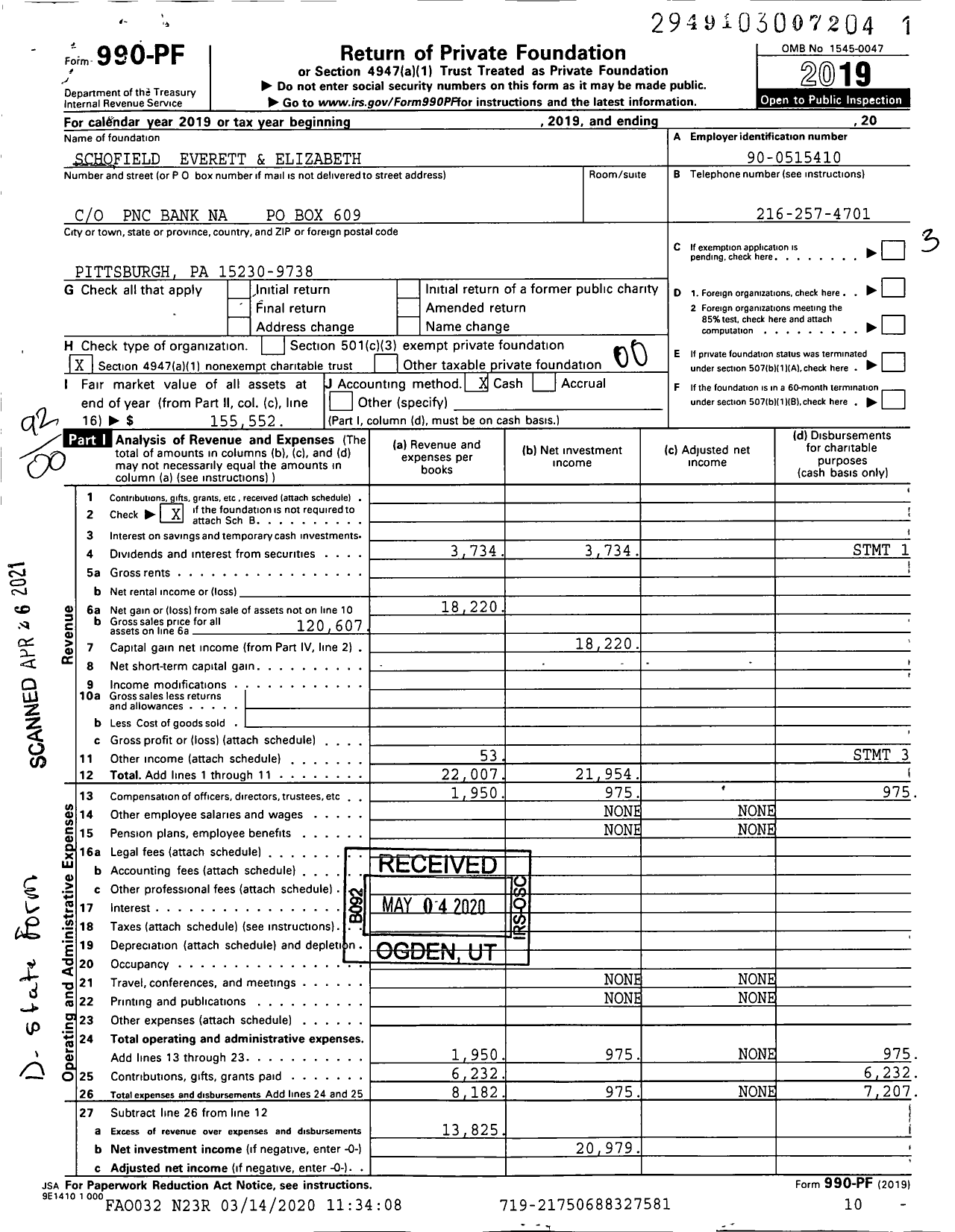 Image of first page of 2019 Form 990PF for Schofield Everett and Elizabeth