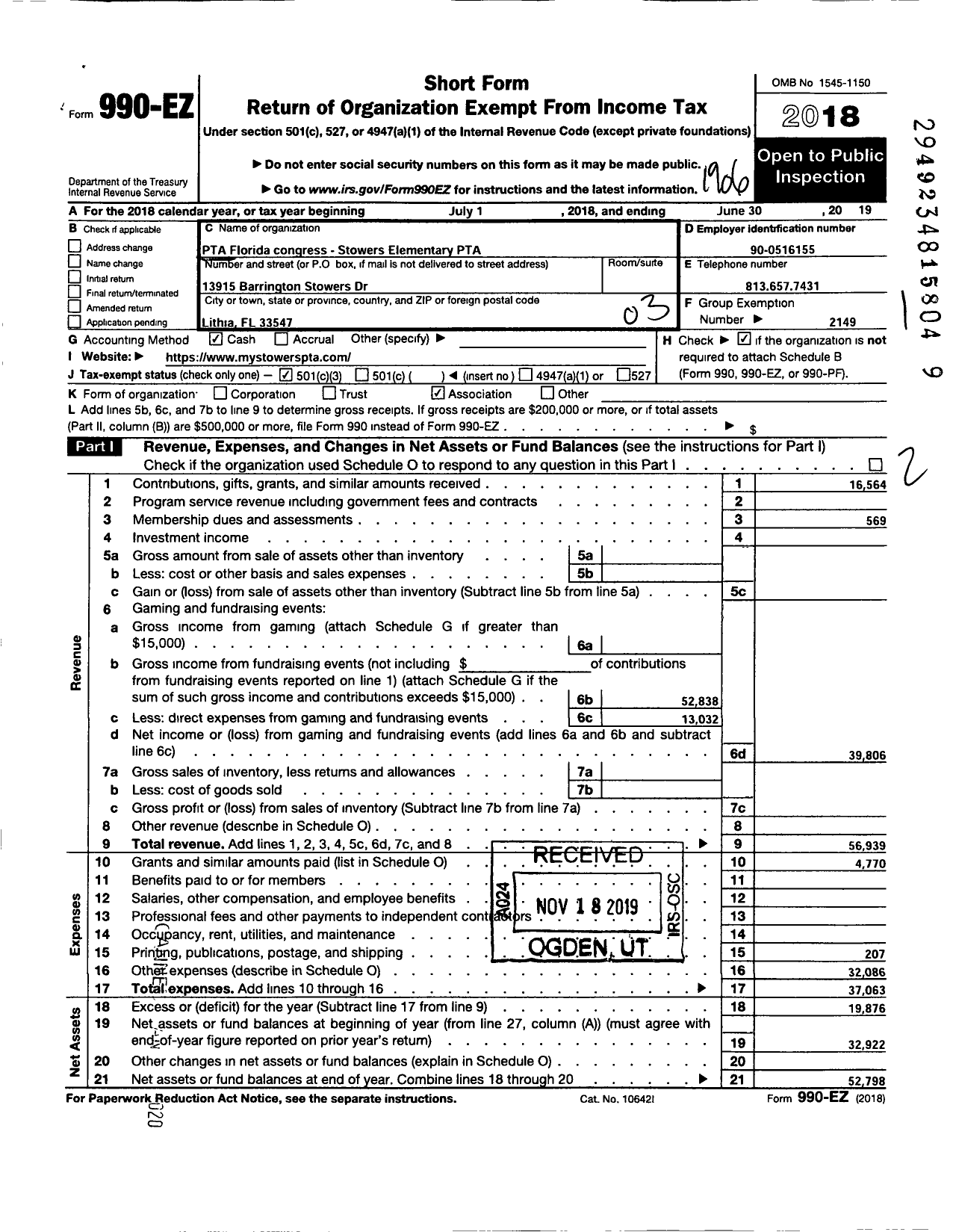 Image of first page of 2018 Form 990EZ for PTA Florida Congress - Stowers Elementary PTA