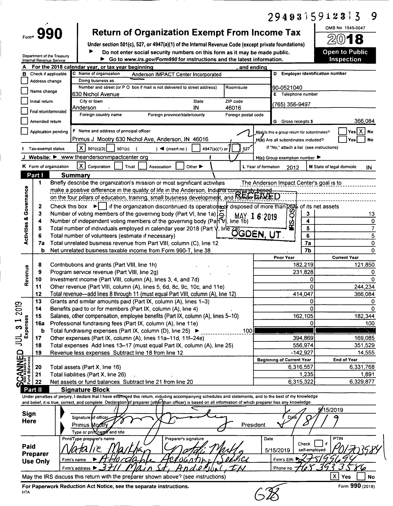 Image of first page of 2018 Form 990 for Anderson IMPACT Center Incorporated