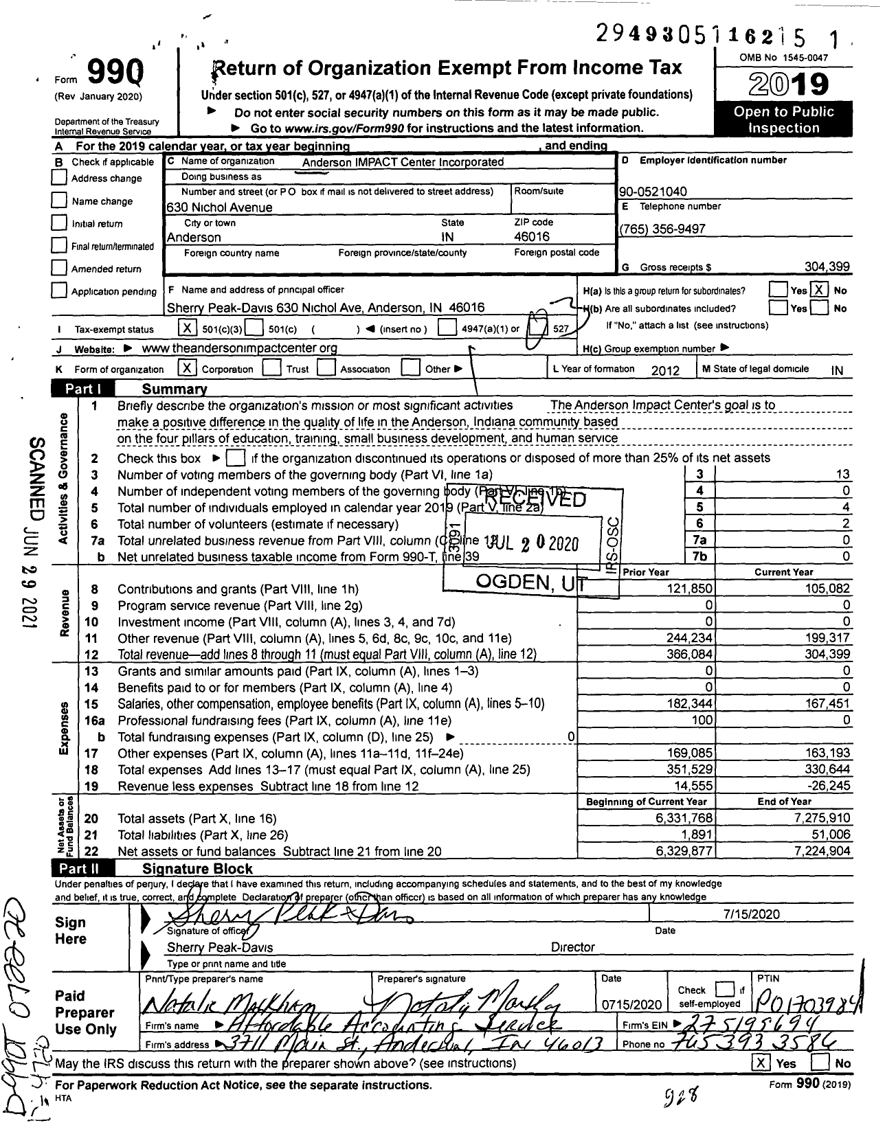 Image of first page of 2019 Form 990 for Anderson IMPACT Center Incorporated