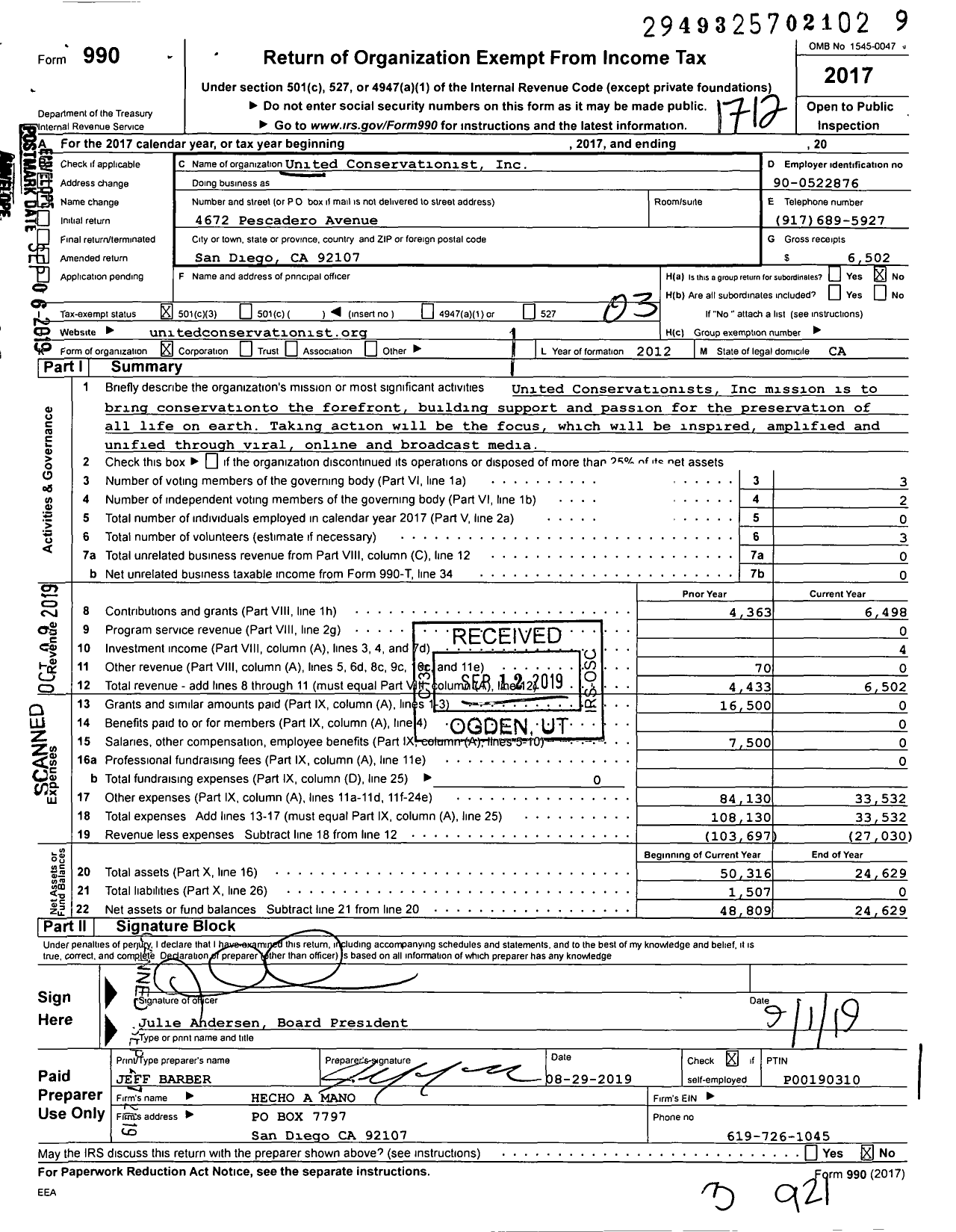 Image of first page of 2017 Form 990 for United Conservationists