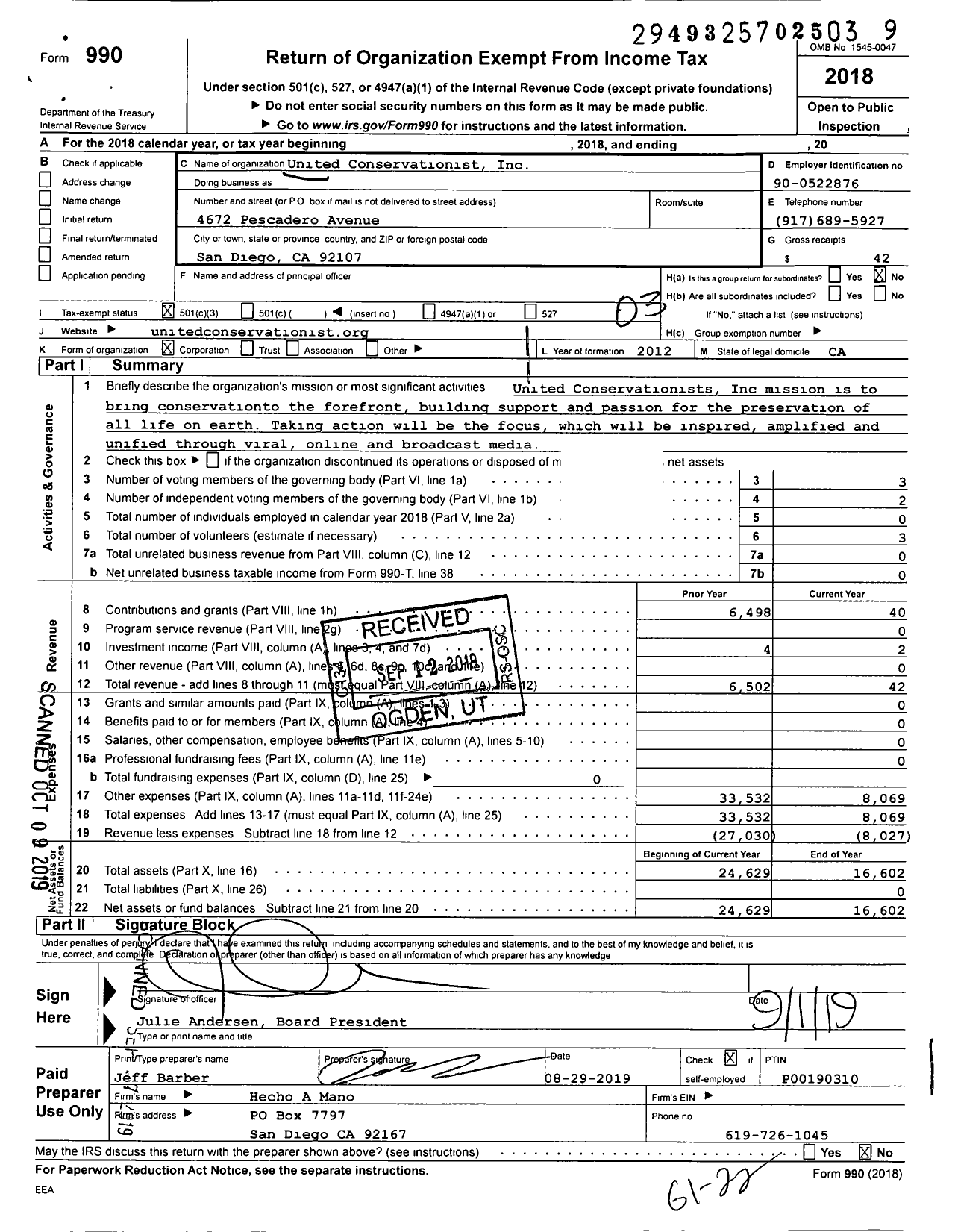 Image of first page of 2018 Form 990 for United Conservationists