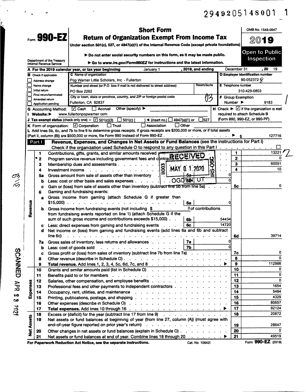 Image of first page of 2019 Form 990EZ for Pop Warner