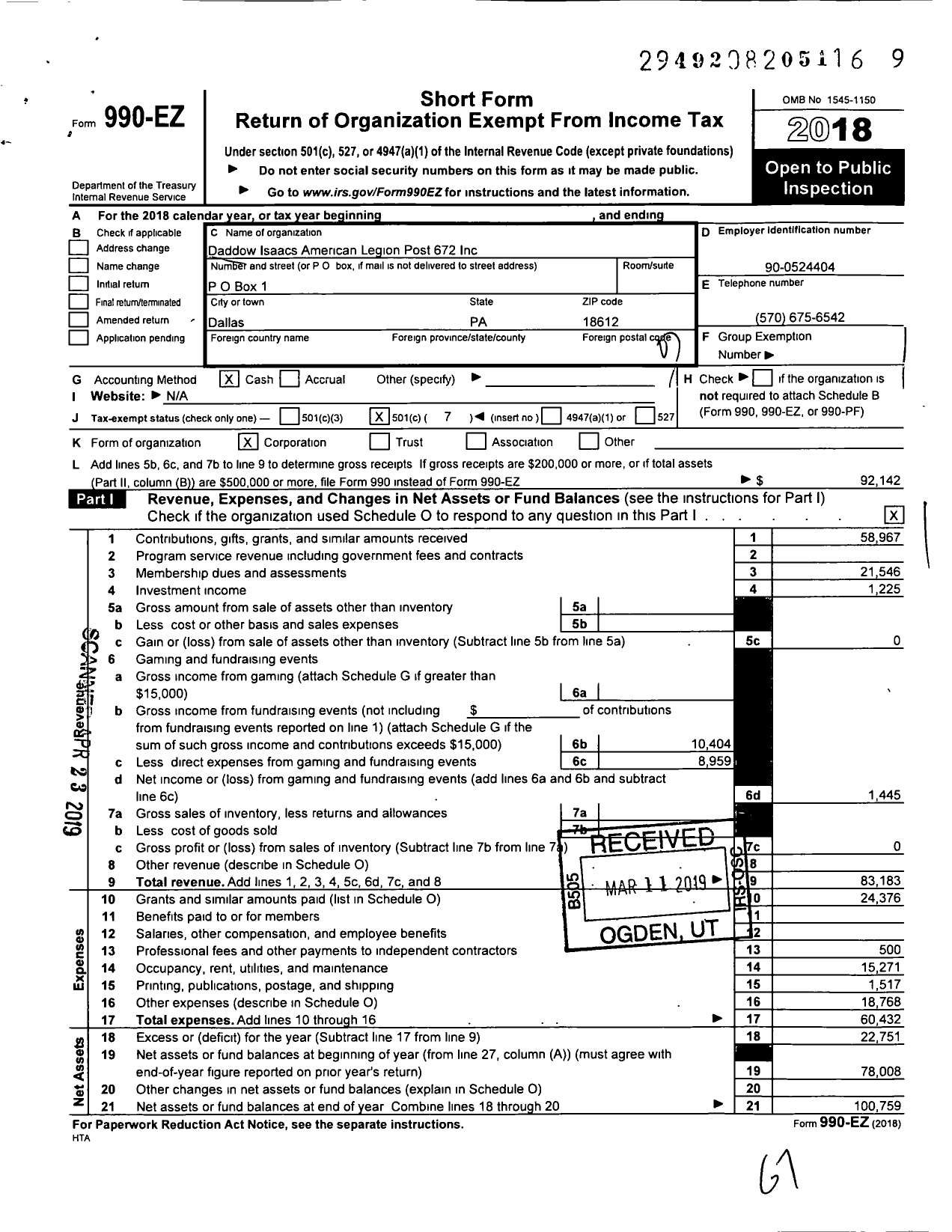 Image of first page of 2018 Form 990EO for American Legion - 672 Daddow Isaacs Inc Post