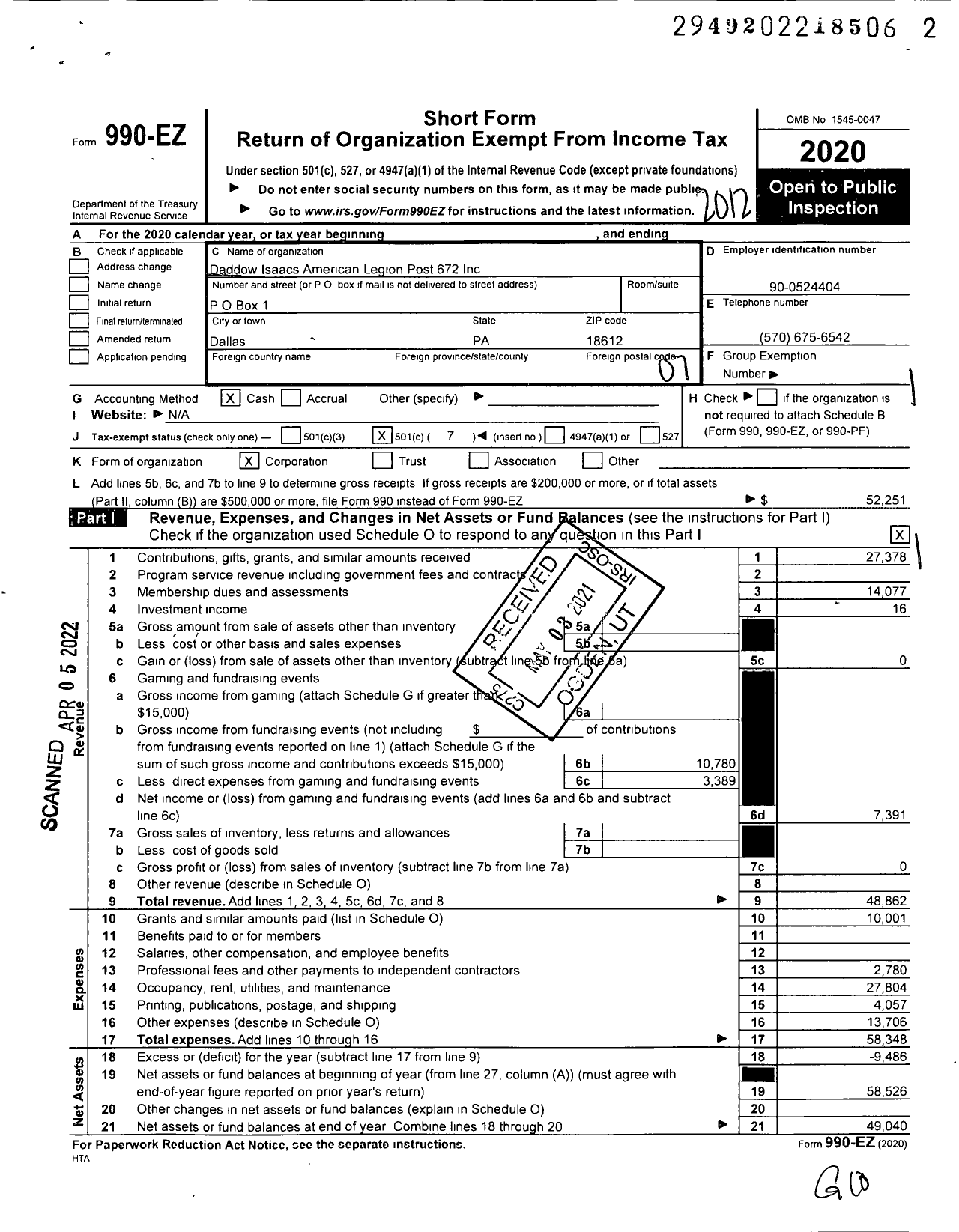 Image of first page of 2020 Form 990EO for American Legion - 672 Daddow Isaacs Inc Post