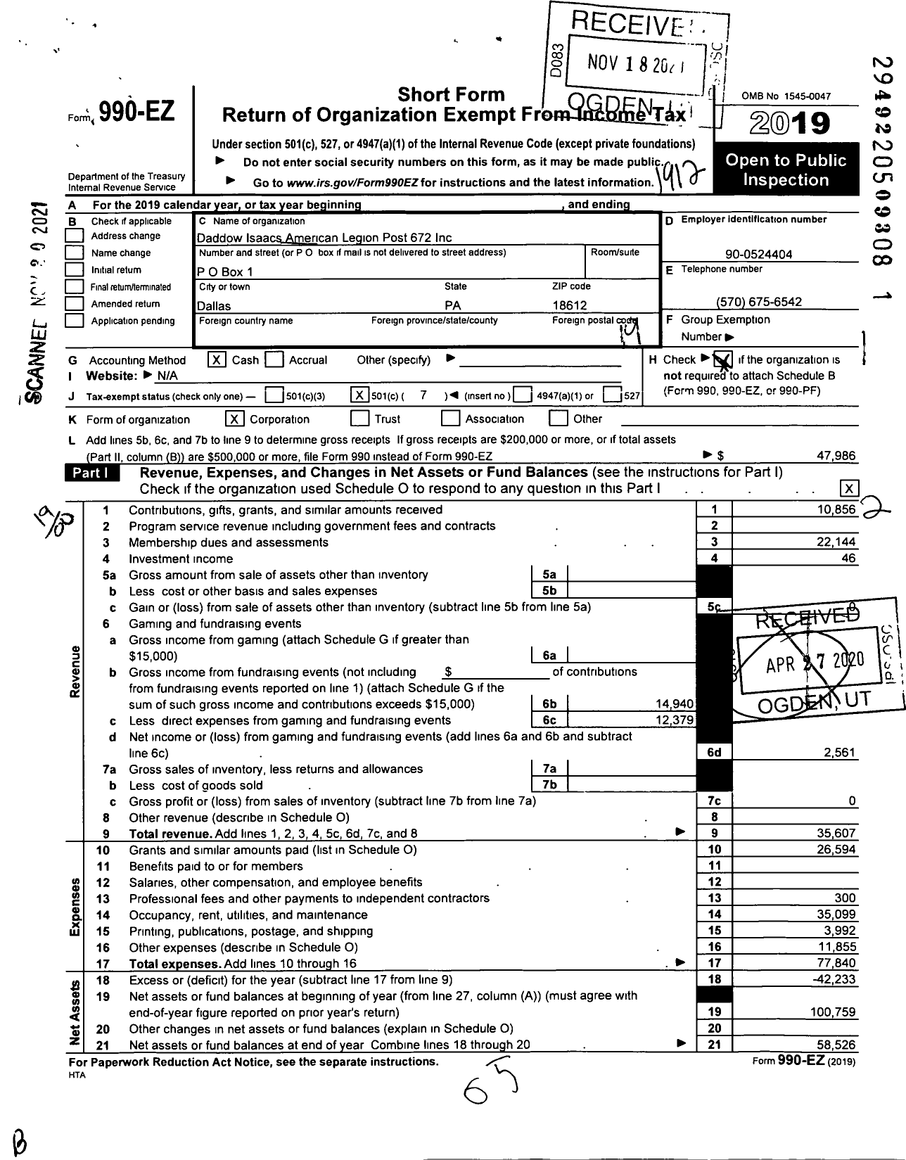 Image of first page of 2019 Form 990EO for American Legion - 672 Daddow Isaacs Inc Post