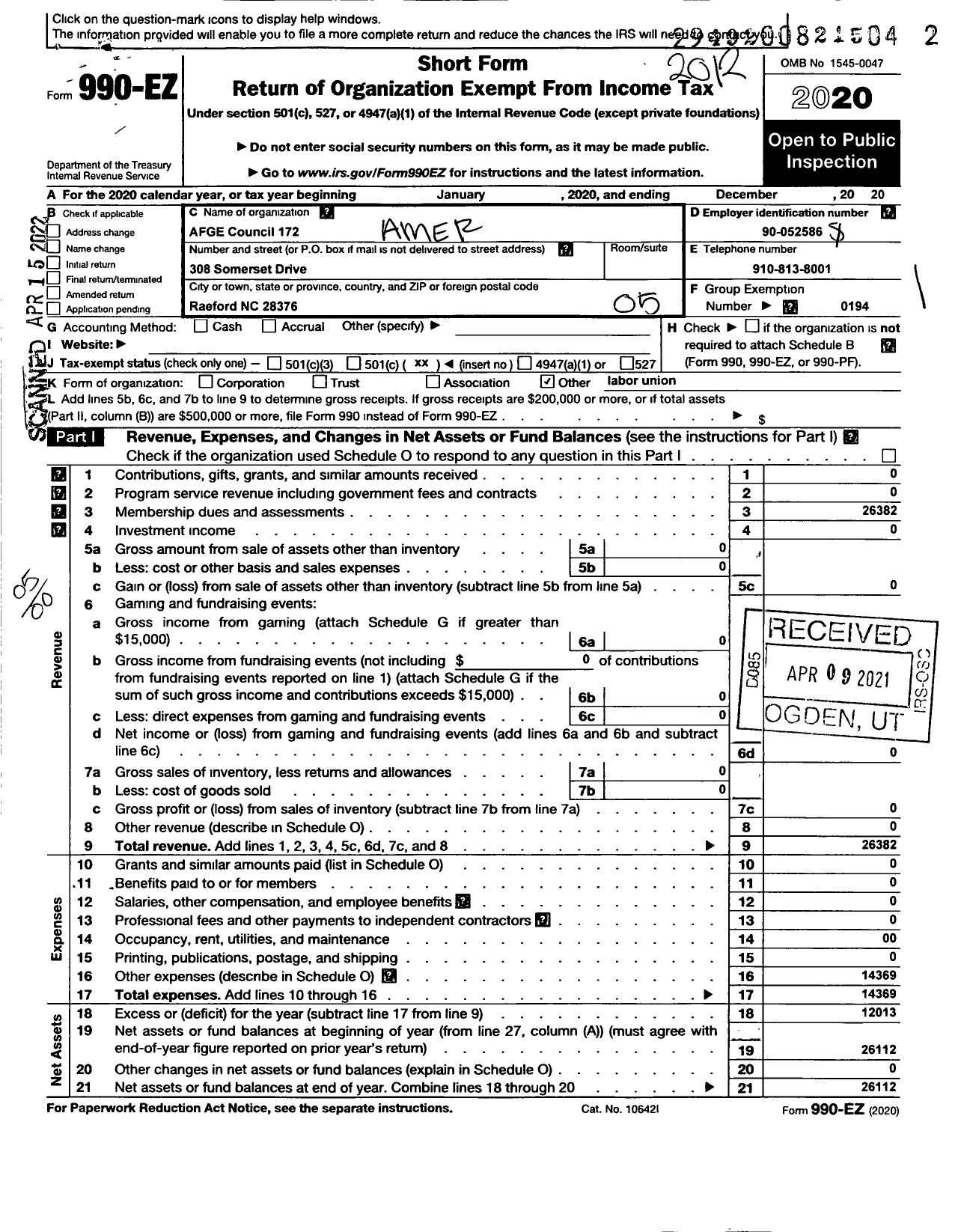 Image of first page of 2020 Form 990EO for American Federation of Government Employees 172