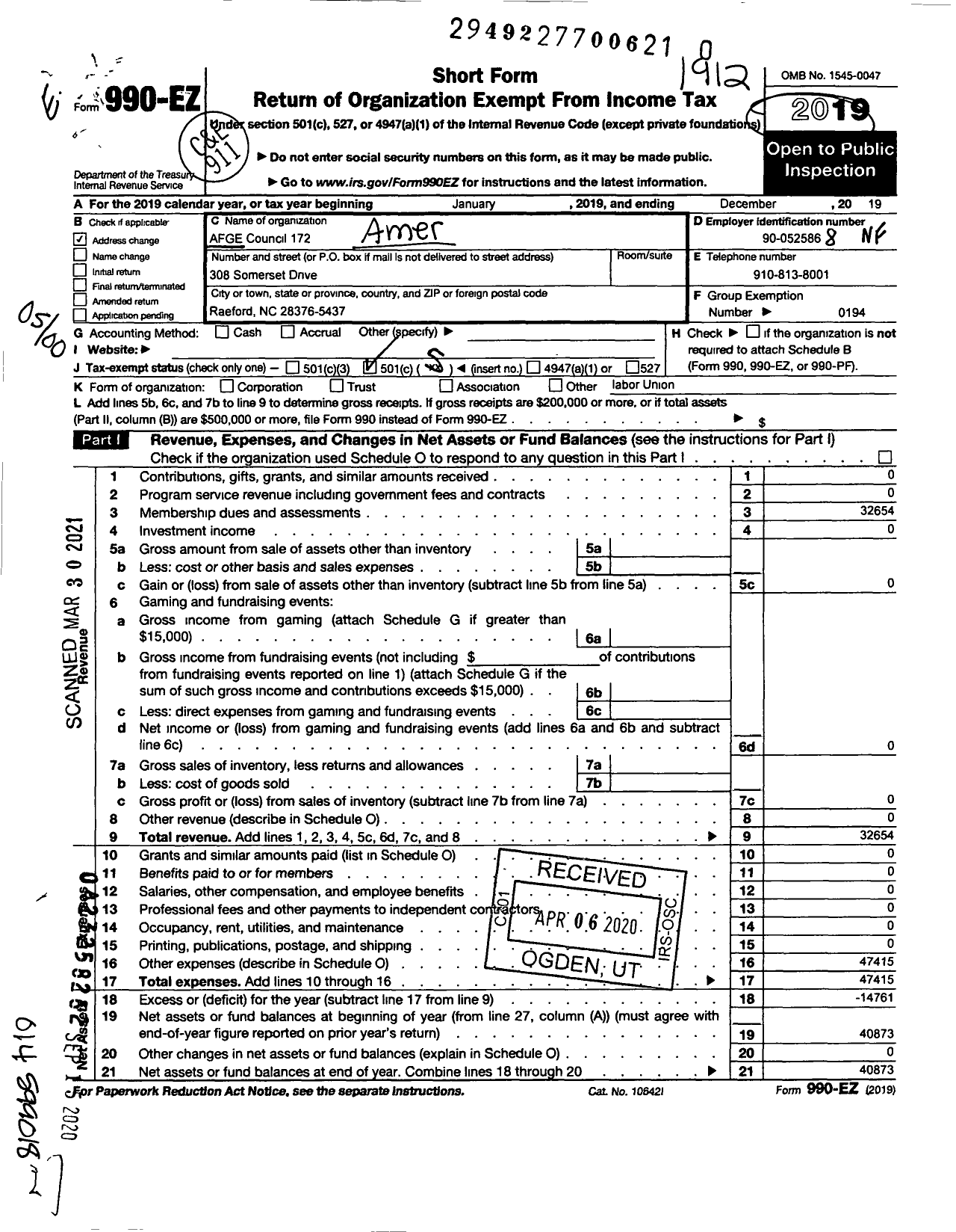 Image of first page of 2019 Form 990EO for American Federation of Government Employees 172