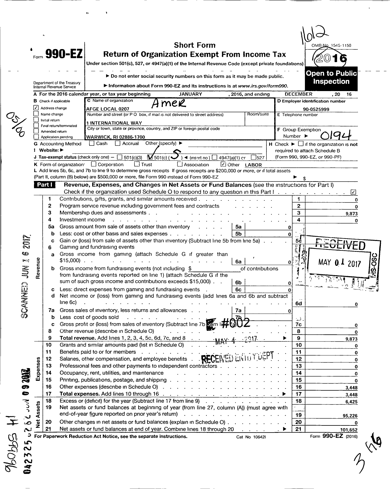 Image of first page of 2016 Form 990EO for American Federation of Government Employees