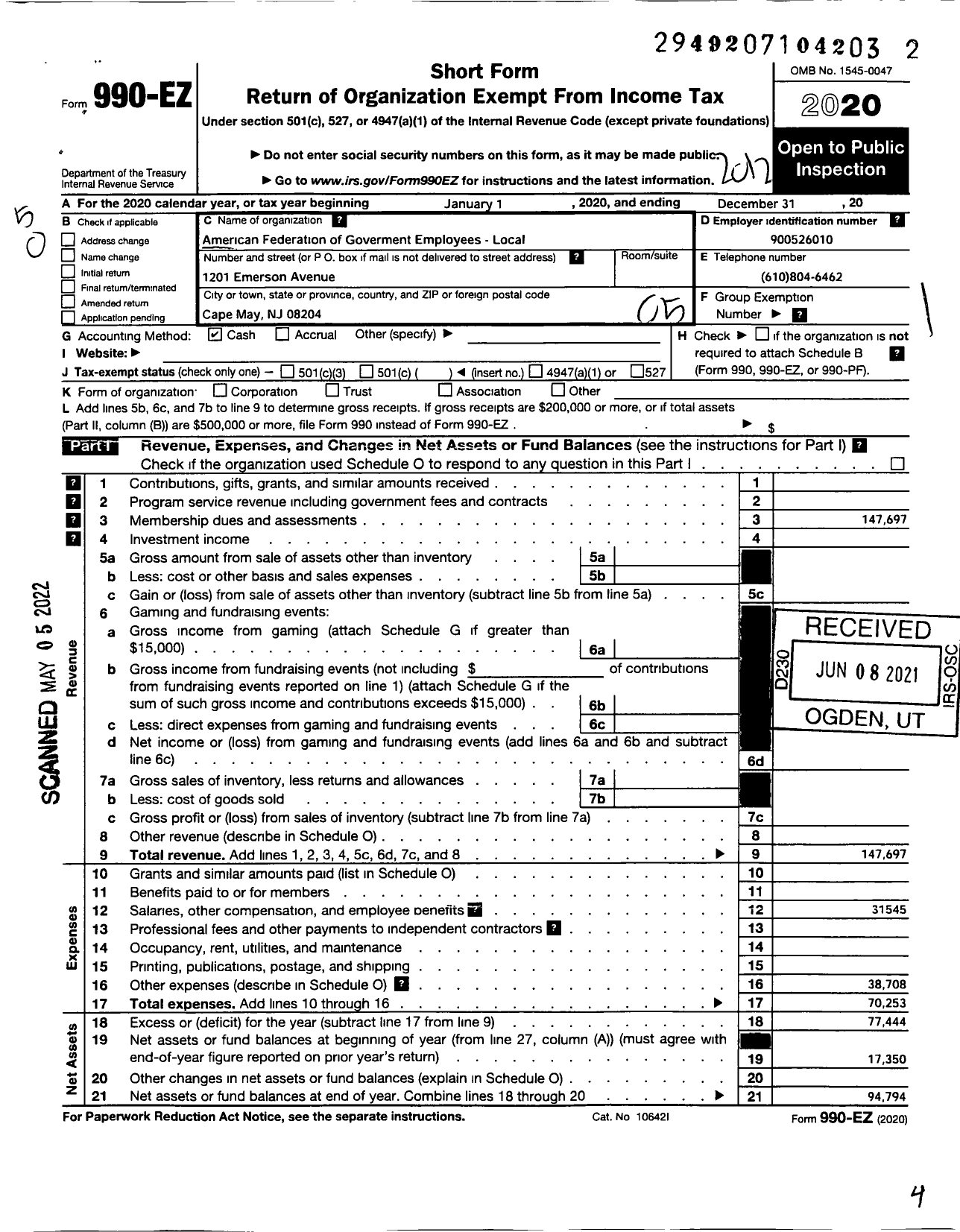 Image of first page of 2020 Form 990EO for American Federation of Government Employees - 0333 Afge Tsa Local