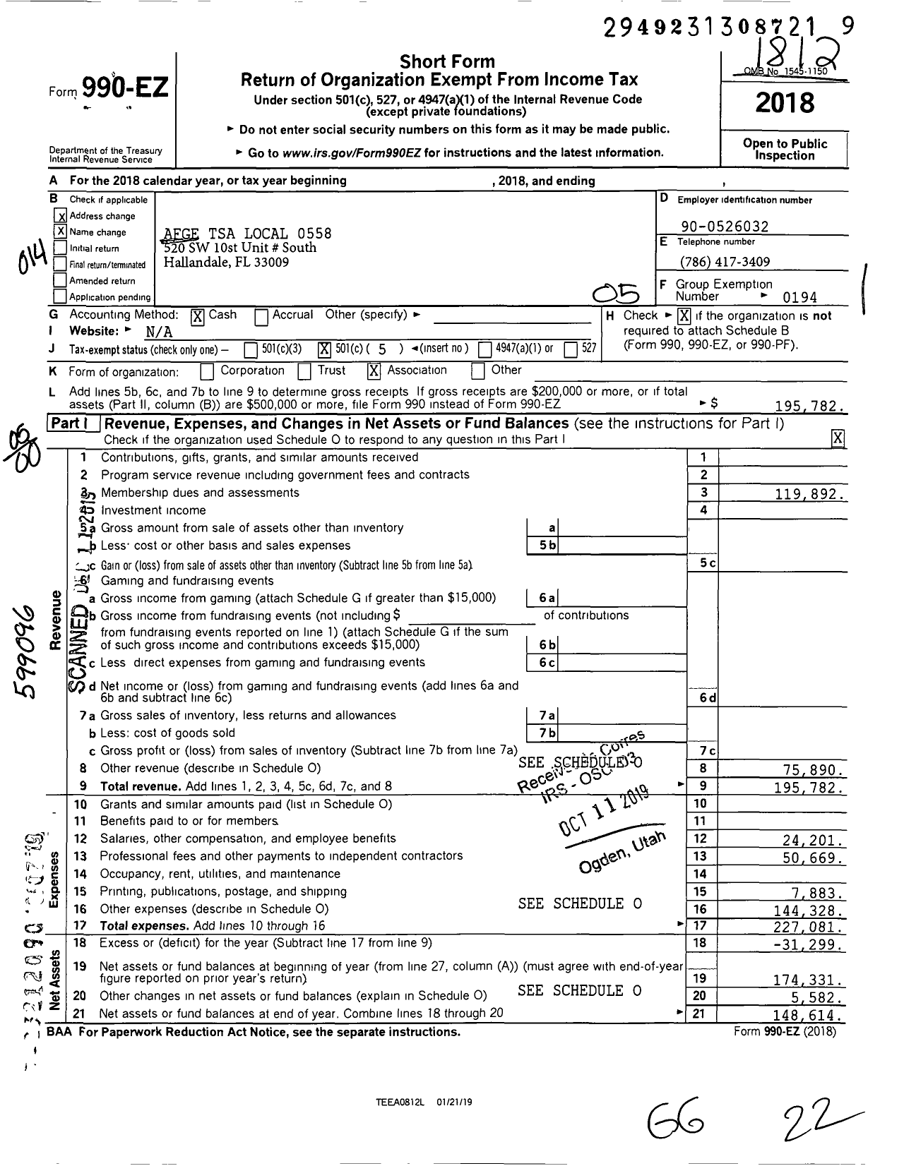 Image of first page of 2018 Form 990EO for AFGE TSA Local 558
