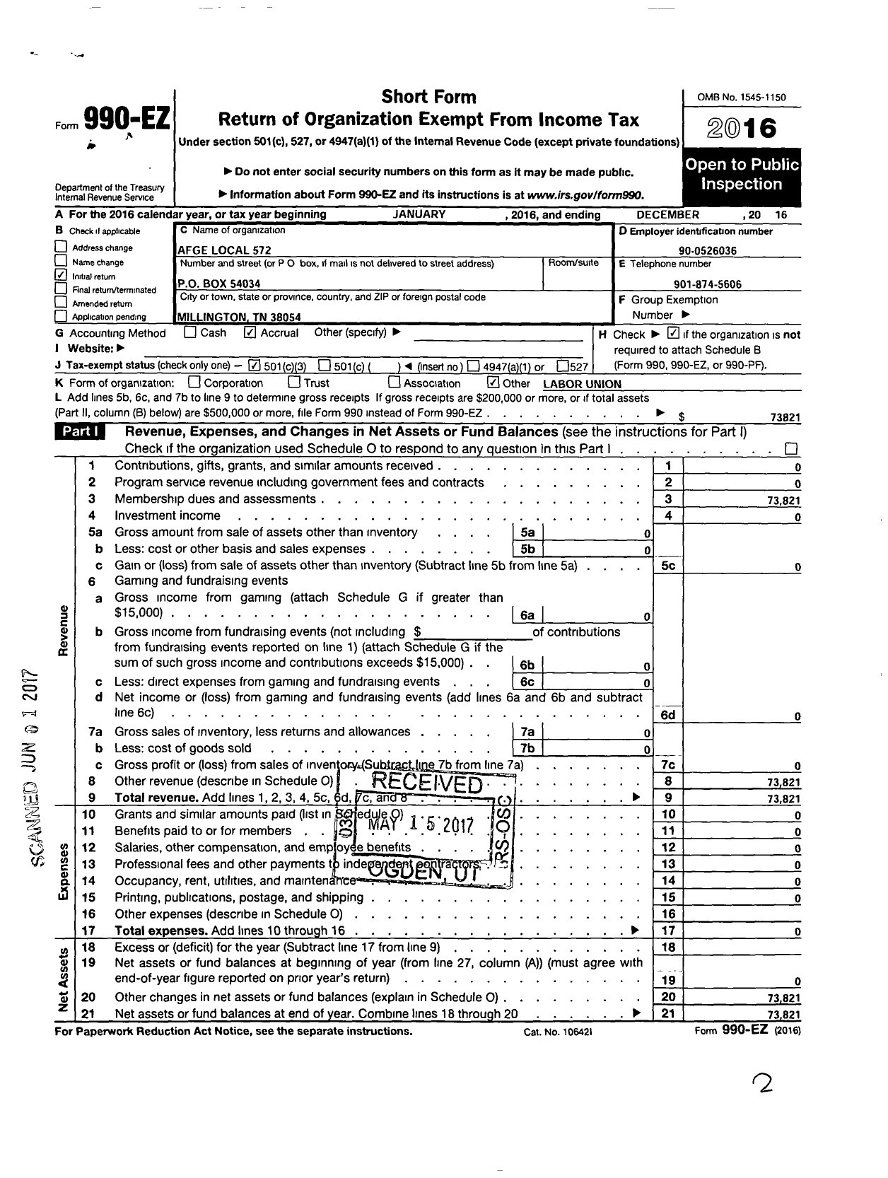 Image of first page of 2016 Form 990EZ for American Federation of Government Employees - 0572 Afge Dod Local