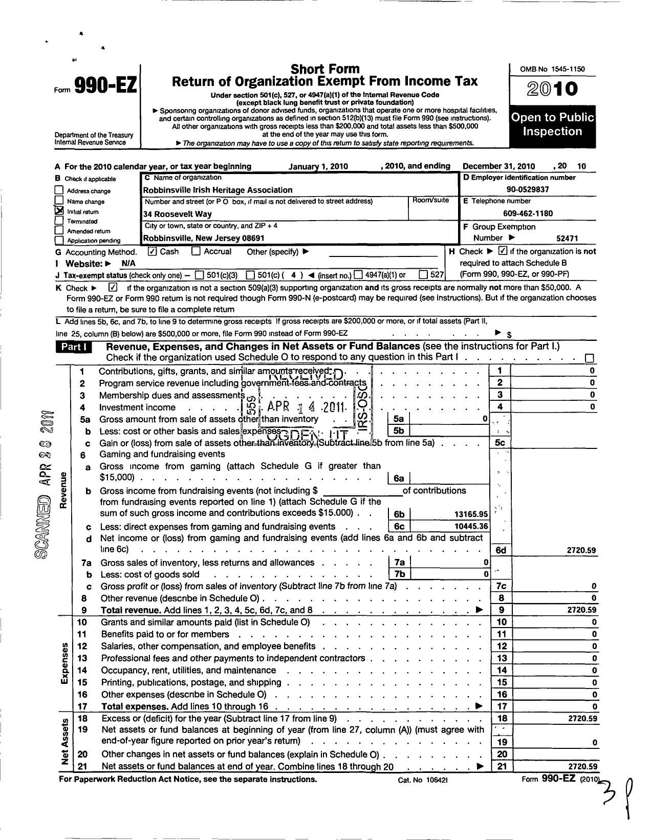 Image of first page of 2010 Form 990EO for The Robbinsville Irish Heritage Association