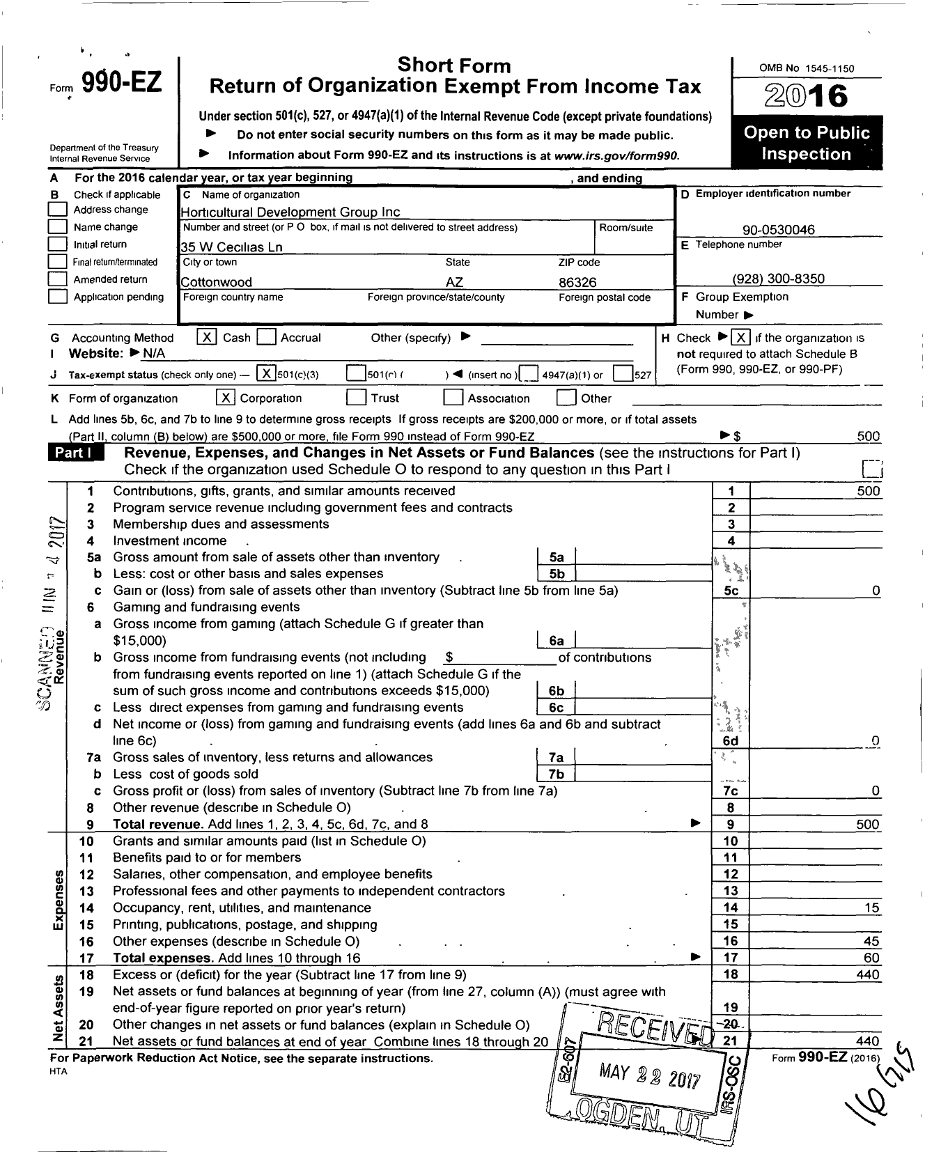 Image of first page of 2016 Form 990EZ for Horticultural Development Group