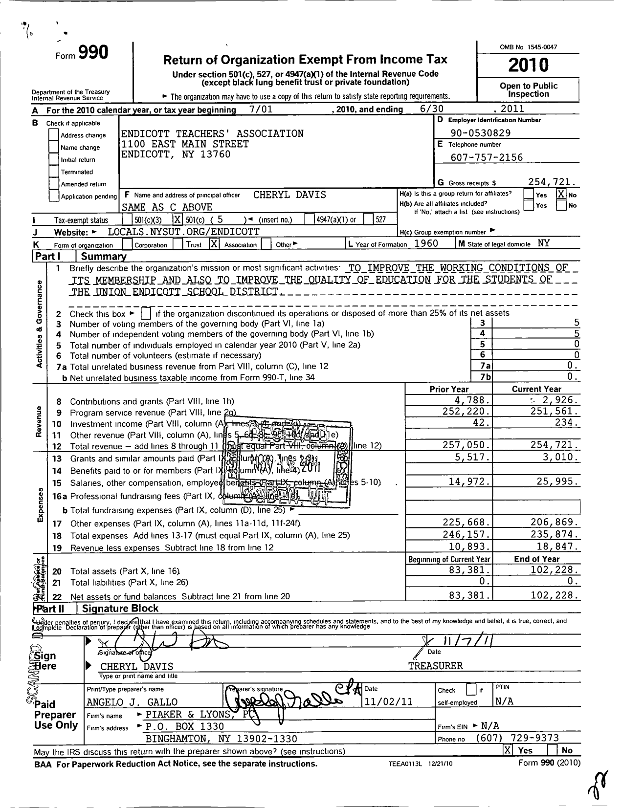 Image of first page of 2010 Form 990O for American Federation of Teachers - 2641 Endicott Teachers Assn