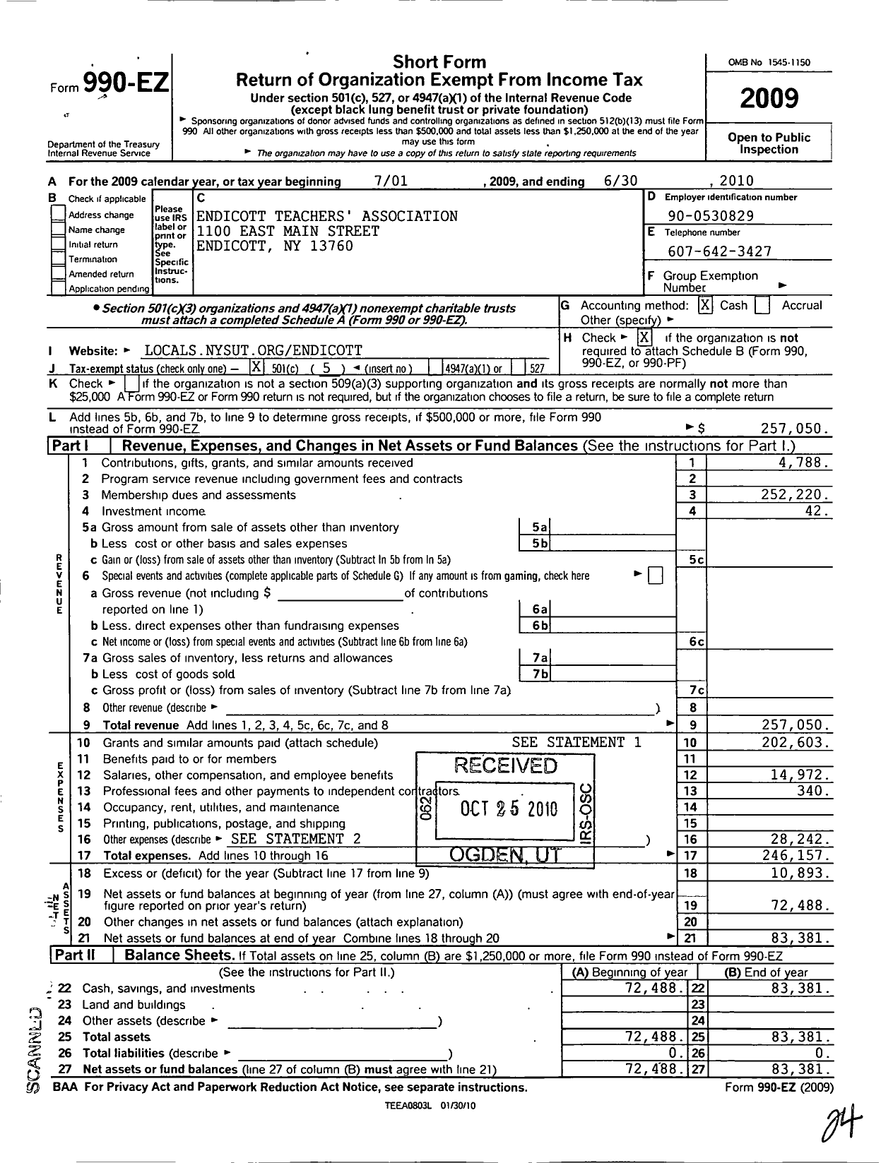 Image of first page of 2009 Form 990EO for American Federation of Teachers - 2641 Endicott Teachers Assn