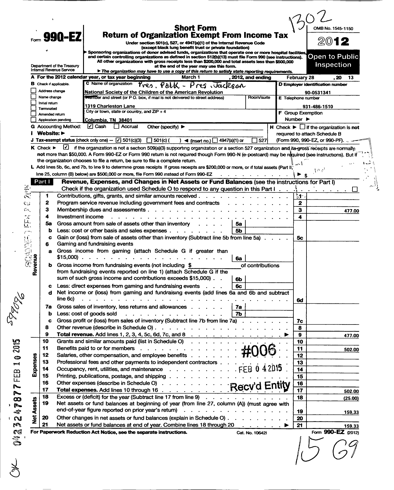 Image of first page of 2012 Form 990EZ for National Society of the Children of the American Revolution / President Polk-President Jackson