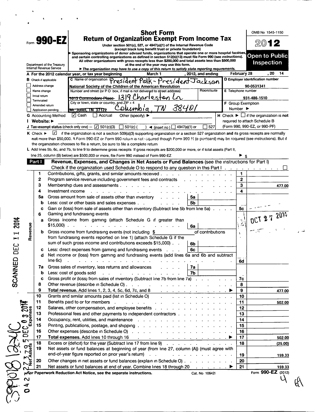 Image of first page of 2013 Form 990EZ for National Society of the Children of the American Revolution / President Polk-President Jackson