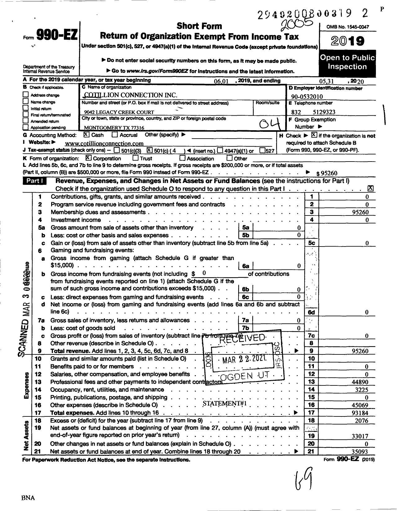 Image of first page of 2019 Form 990EO for Cotillion Connection