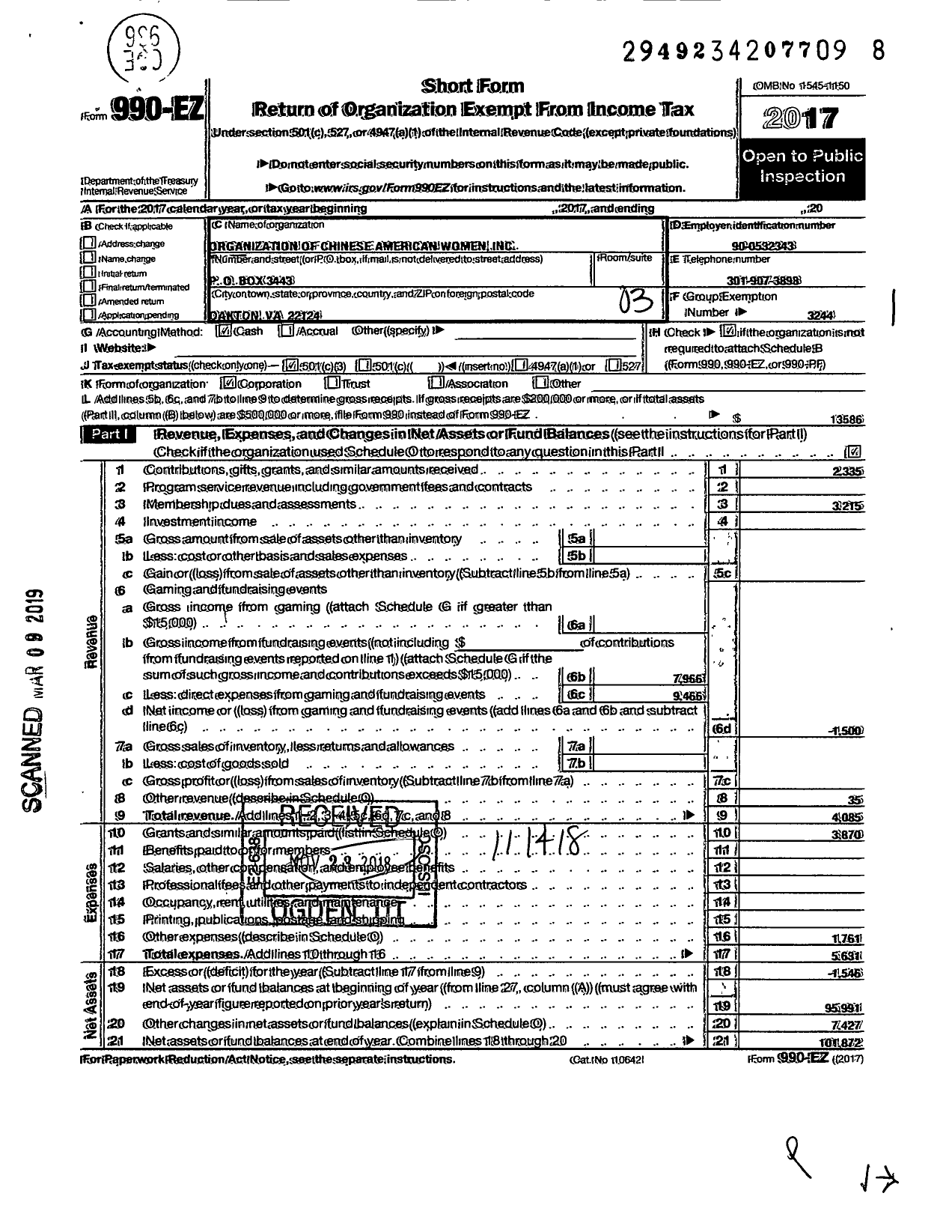 Image of first page of 2017 Form 990EZ for Organization of Chinese American Women