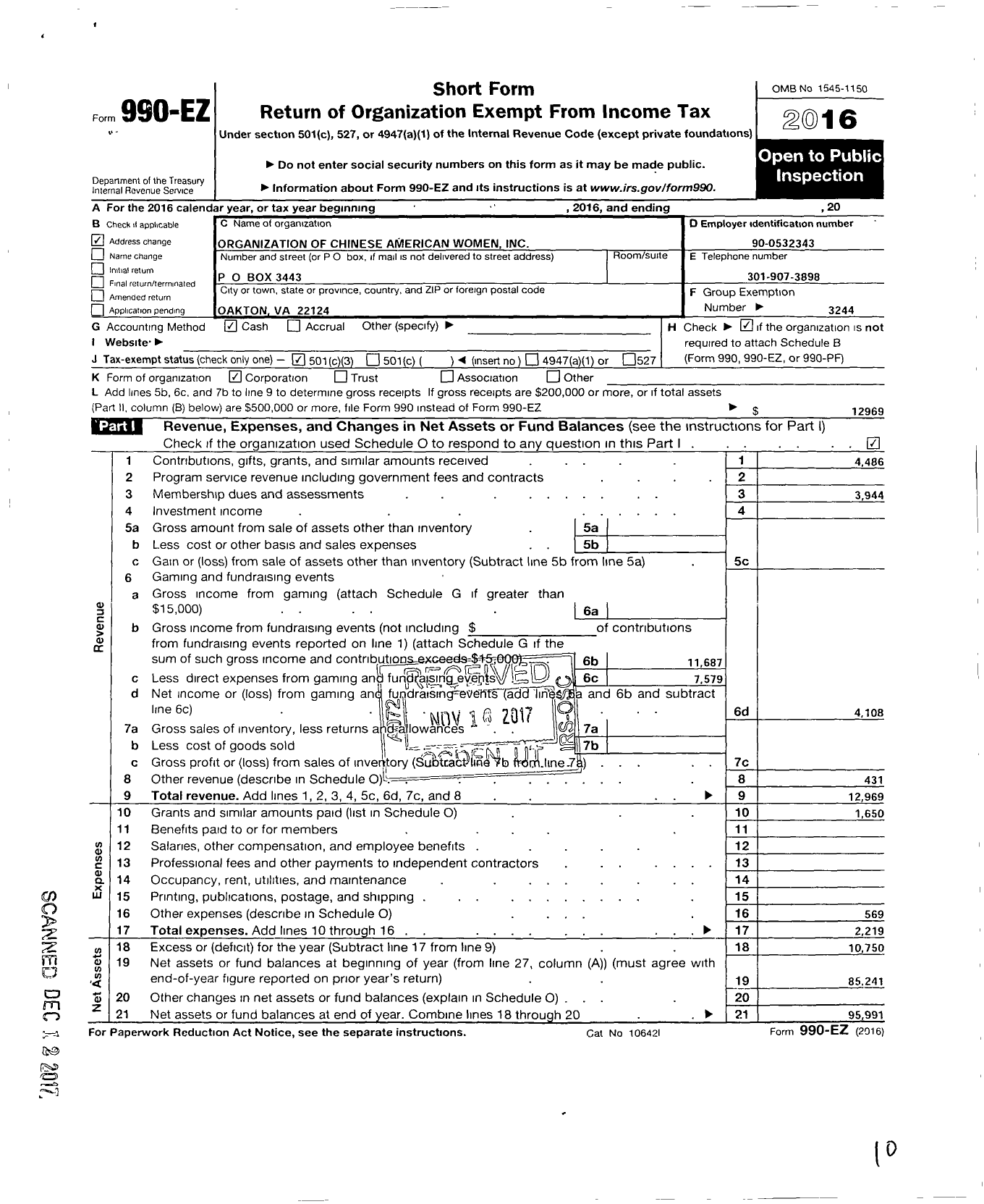 Image of first page of 2016 Form 990EZ for Organization of Chinese American Women