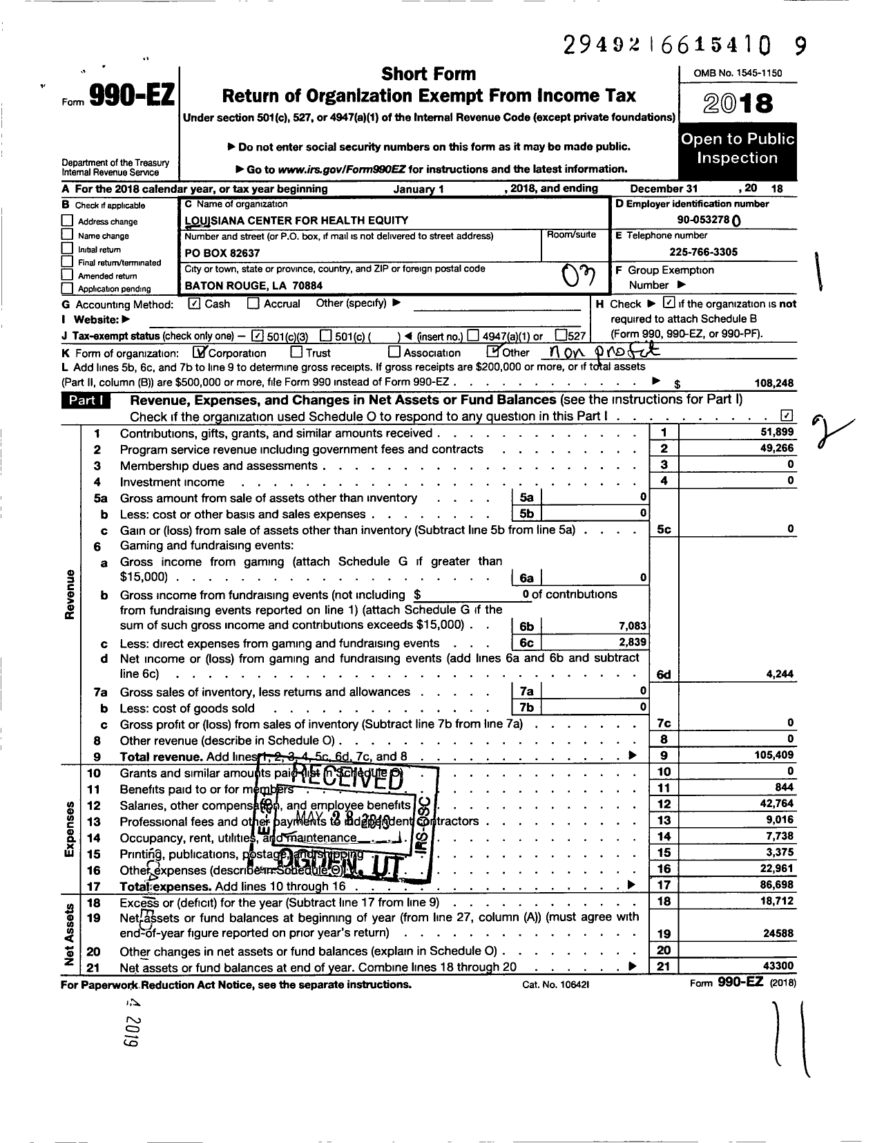 Image of first page of 2018 Form 990EZ for Louisiana Center for Health Equity