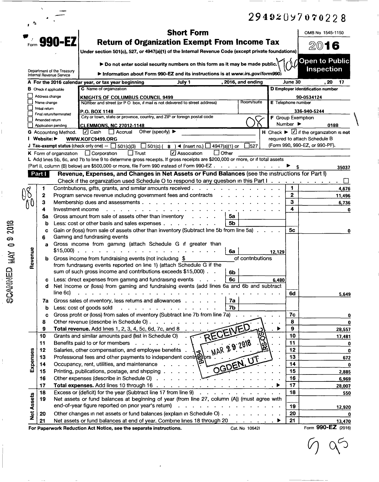 Image of first page of 2016 Form 990EO for Knights of Columbus - 9499 Bishop Charles Greco Council