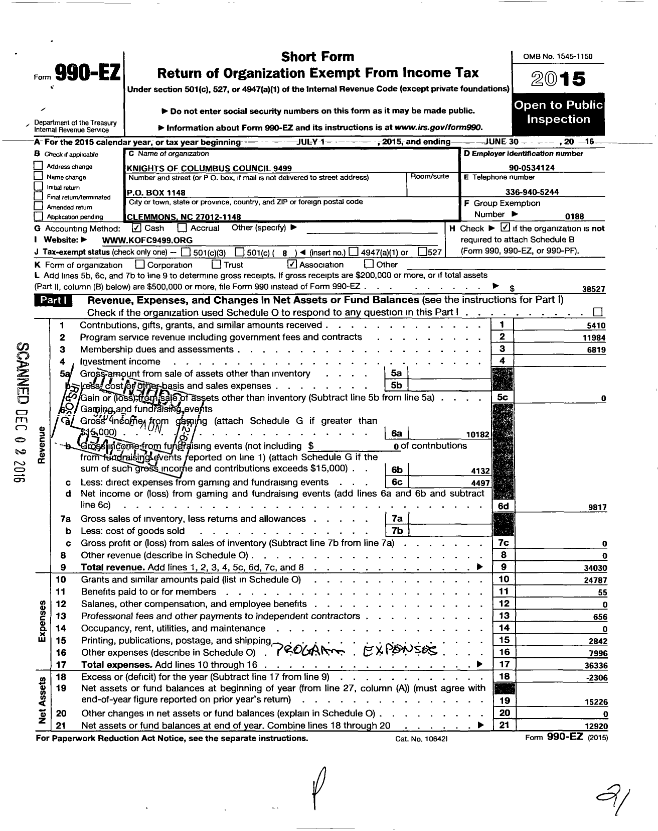 Image of first page of 2015 Form 990EO for Knights of Columbus - 9499 Bishop Charles Greco Council