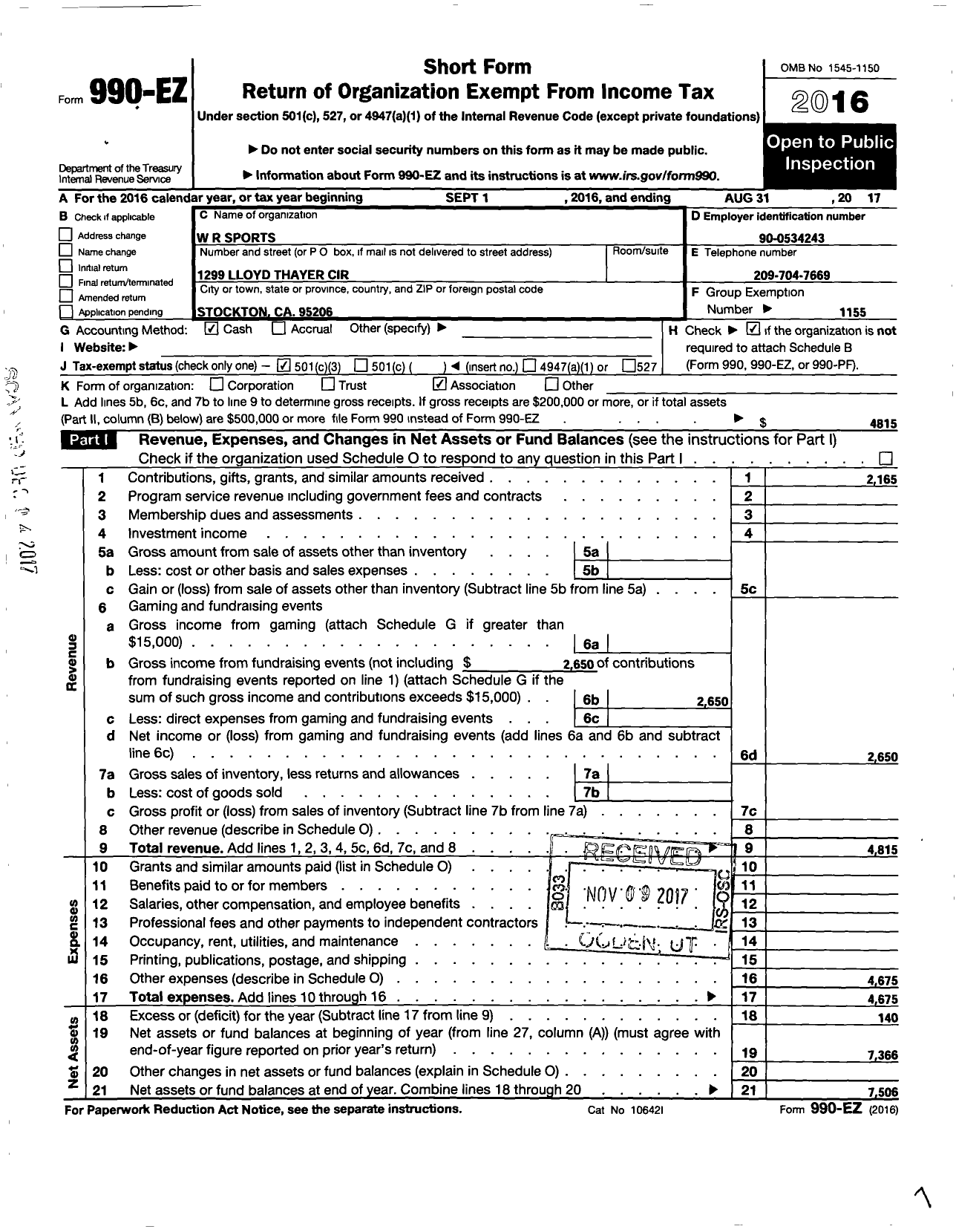 Image of first page of 2016 Form 990EZ for Amateur Athletic Union - WR Sports