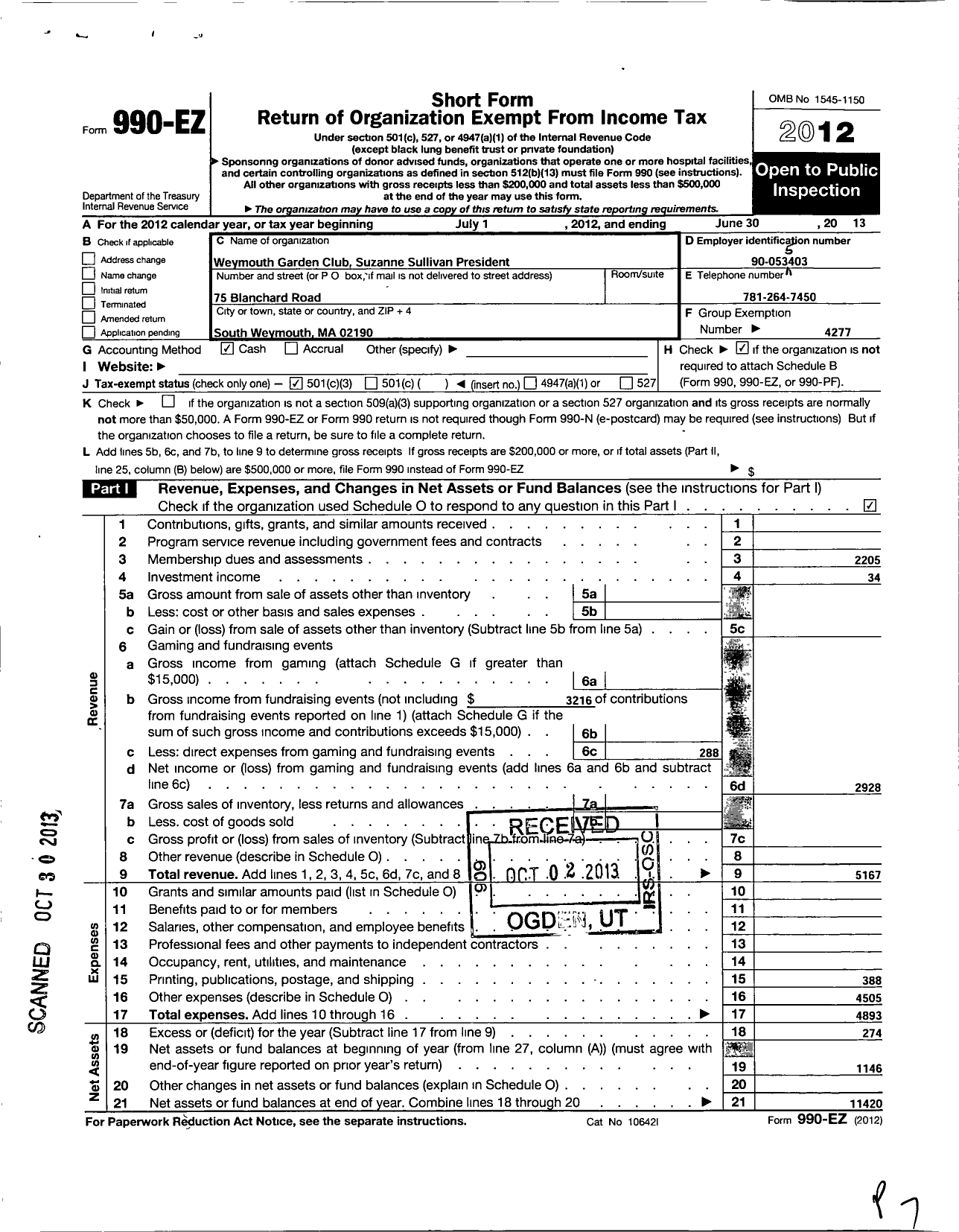 Image of first page of 2012 Form 990EZ for Garden Club Federation of Massachusetts / Weymouth Garden Club