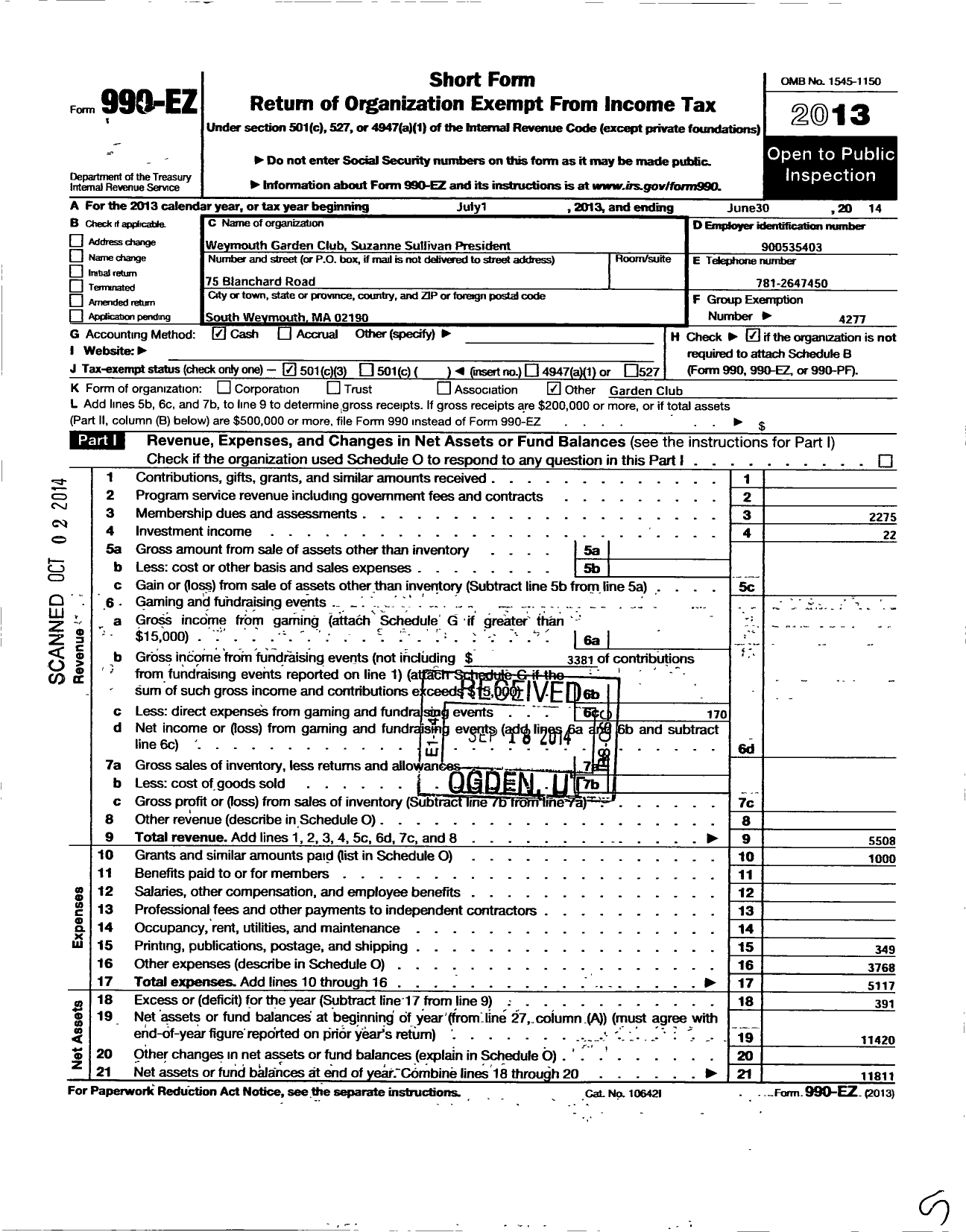 Image of first page of 2013 Form 990EZ for Garden Club Federation of Massachusetts / Weymouth Garden Club