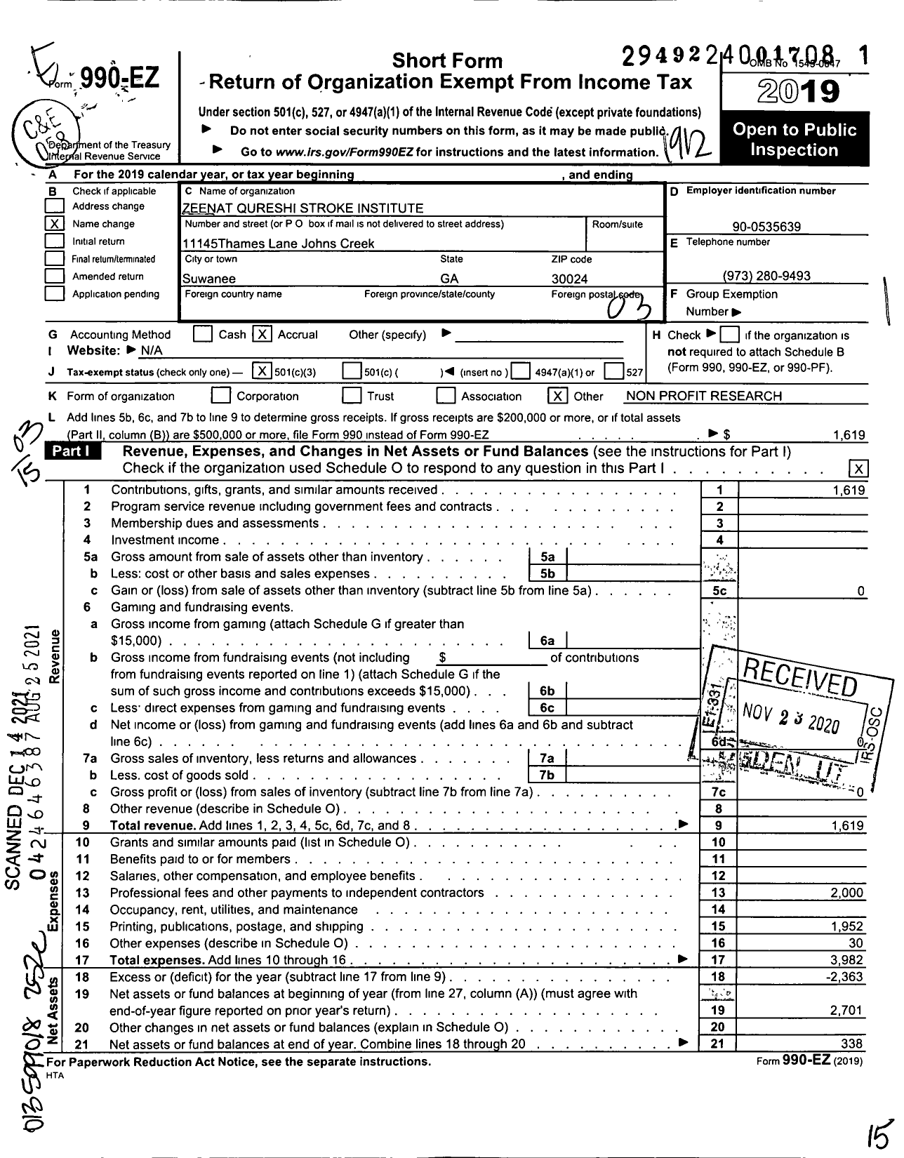 Image of first page of 2019 Form 990EZ for Zeenat Qureshi Stroke Institute
