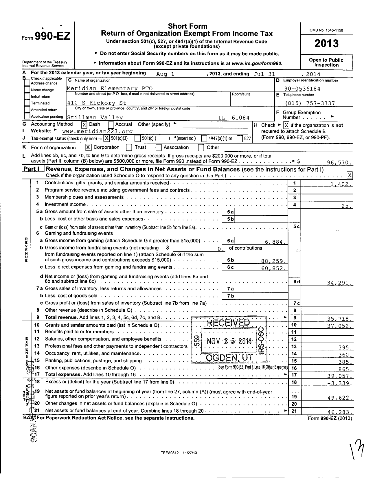 Image of first page of 2013 Form 990EZ for Meridian Elementary Pto