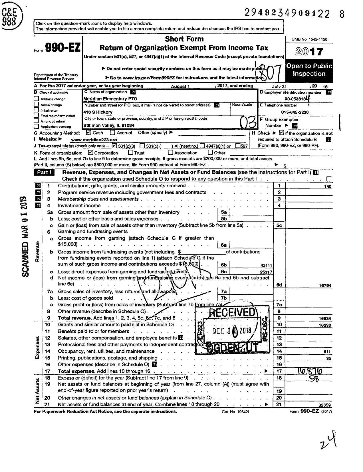 Image of first page of 2017 Form 990EZ for Meridian Elementary Pto