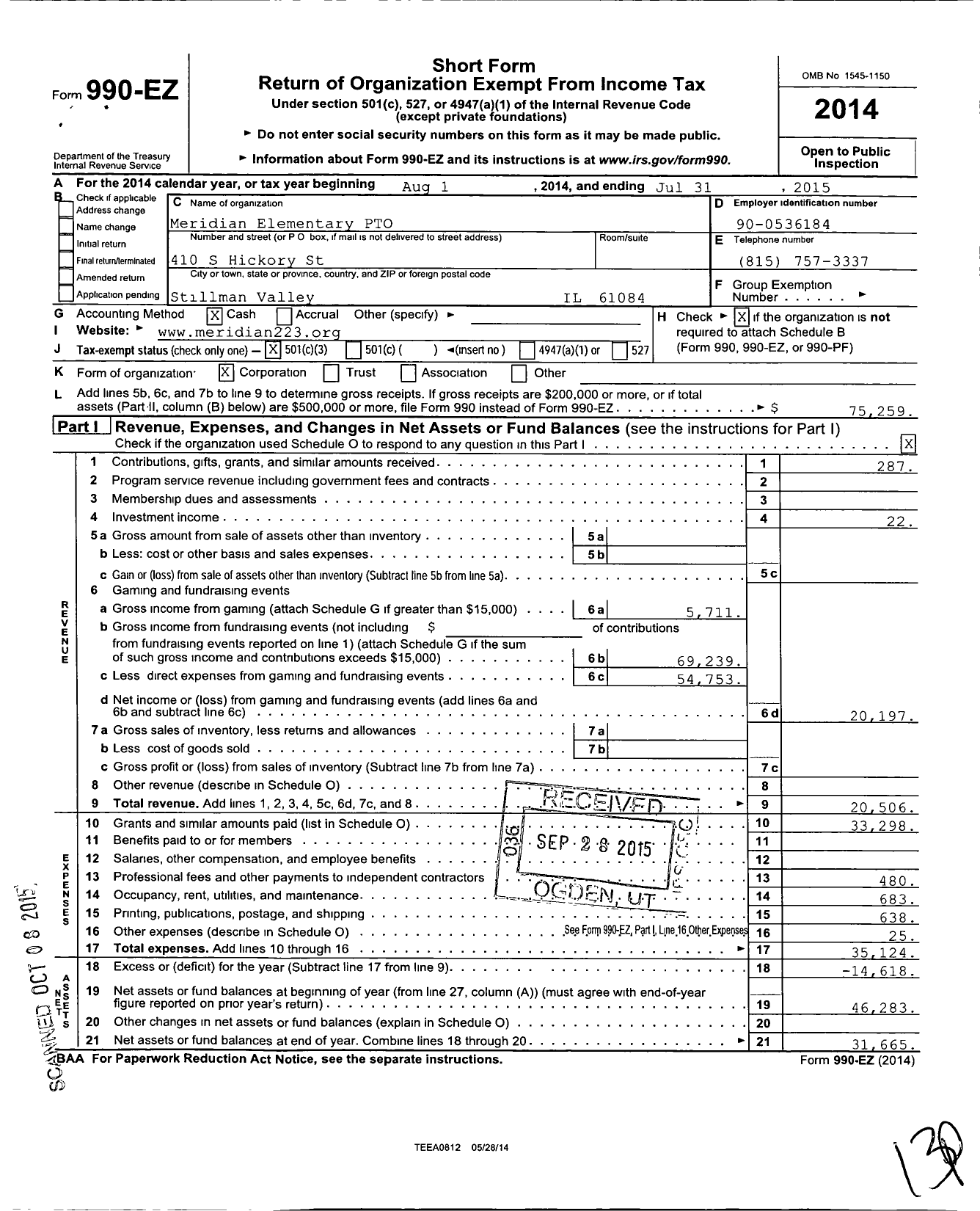 Image of first page of 2014 Form 990EZ for Meridian Elementary Pto