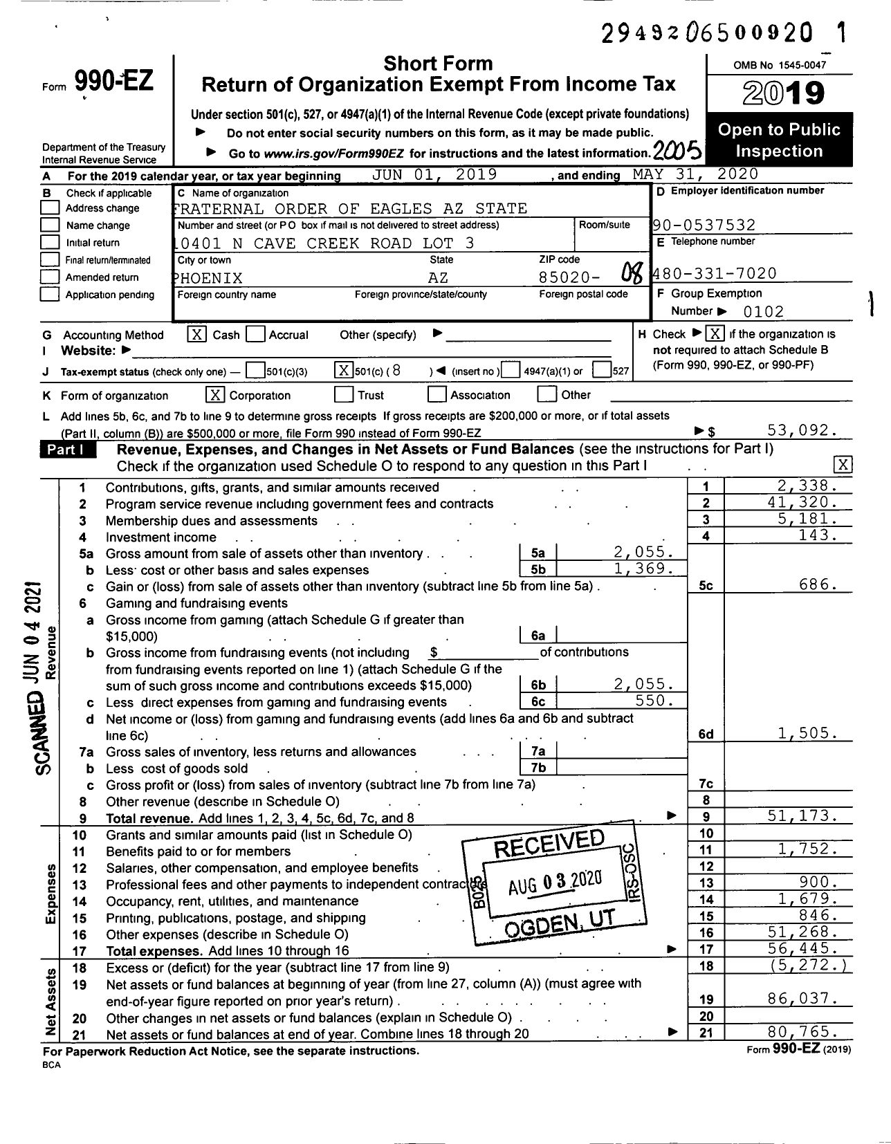 Image of first page of 2019 Form 990EO for Fraternal Order of Eagles - Arizona State Aerie Foe