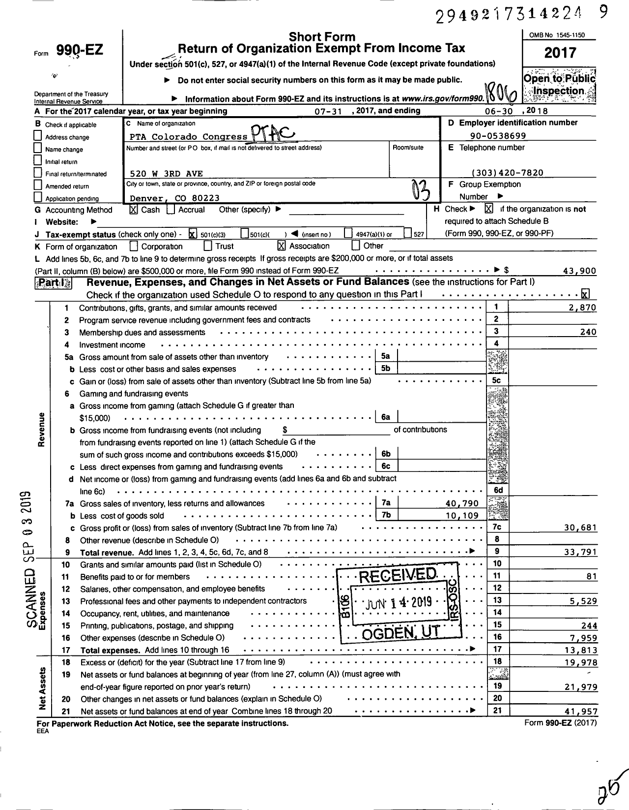 Image of first page of 2017 Form 990EZ for PTA Colorado Congress / Dcis at Fairmont PTA