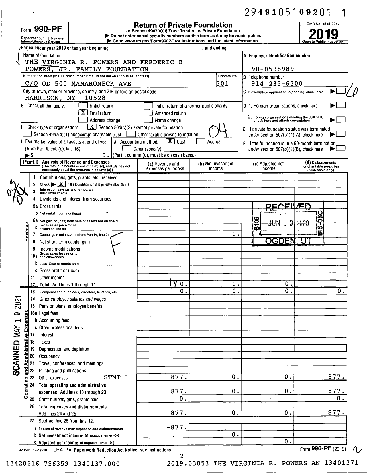 Image of first page of 2019 Form 990PF for The Virginia R Powers and Frederic B Powers JR Family Foundation