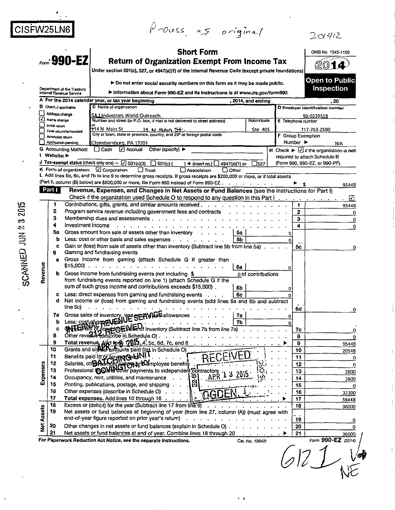 Image of first page of 2014 Form 990EZ for Open Hearts Open Palms