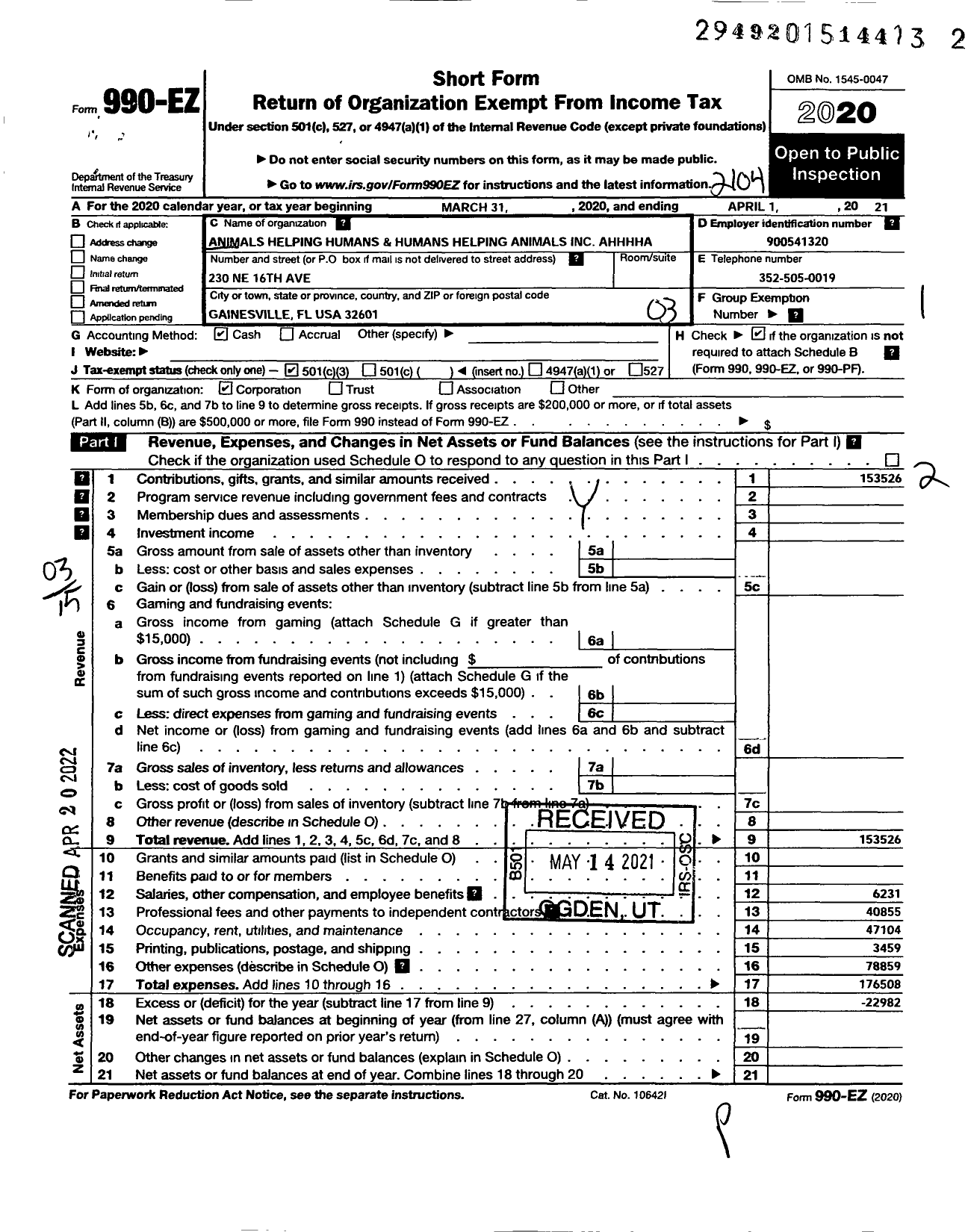 Image of first page of 2020 Form 990EZ for Animals Helping Humans and Humans Helping Animals Ahhhha