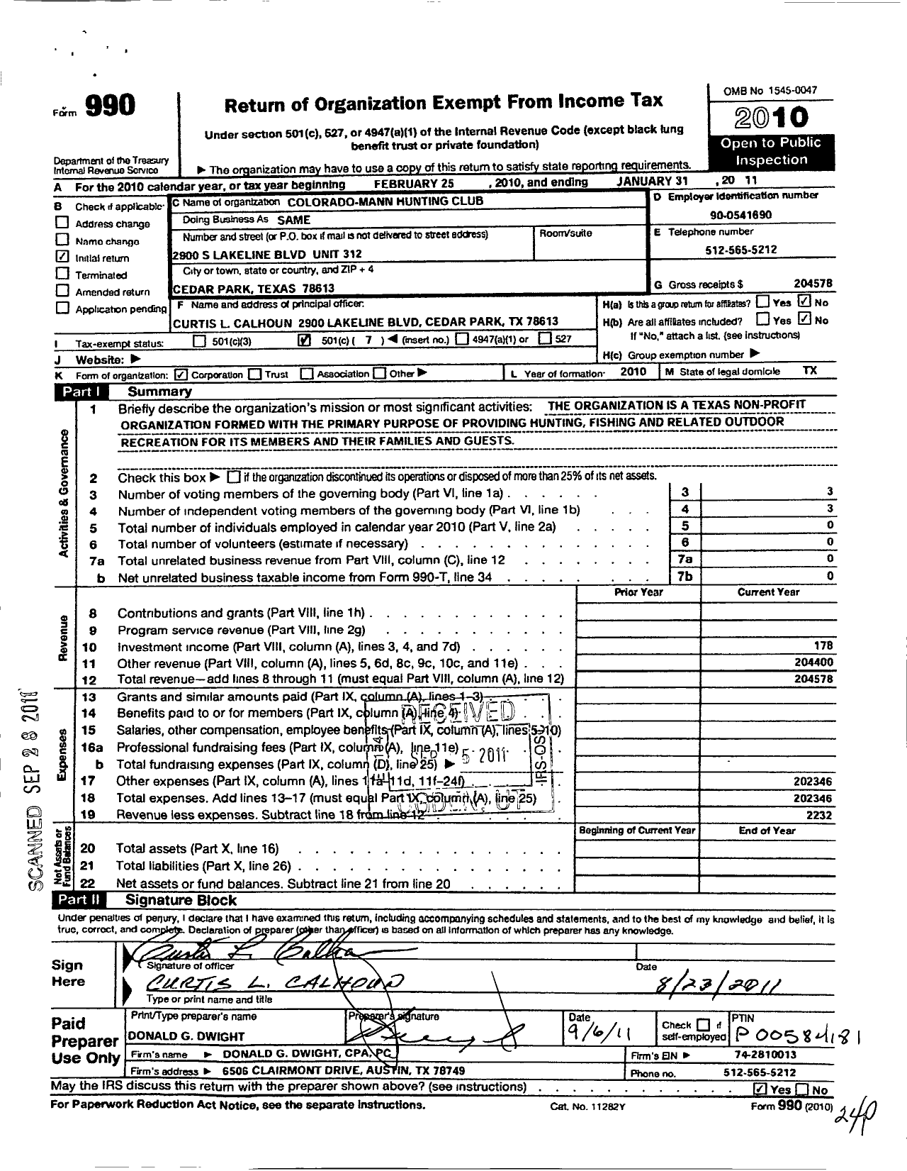 Image of first page of 2010 Form 990O for Colorado-Mann Hunting Club