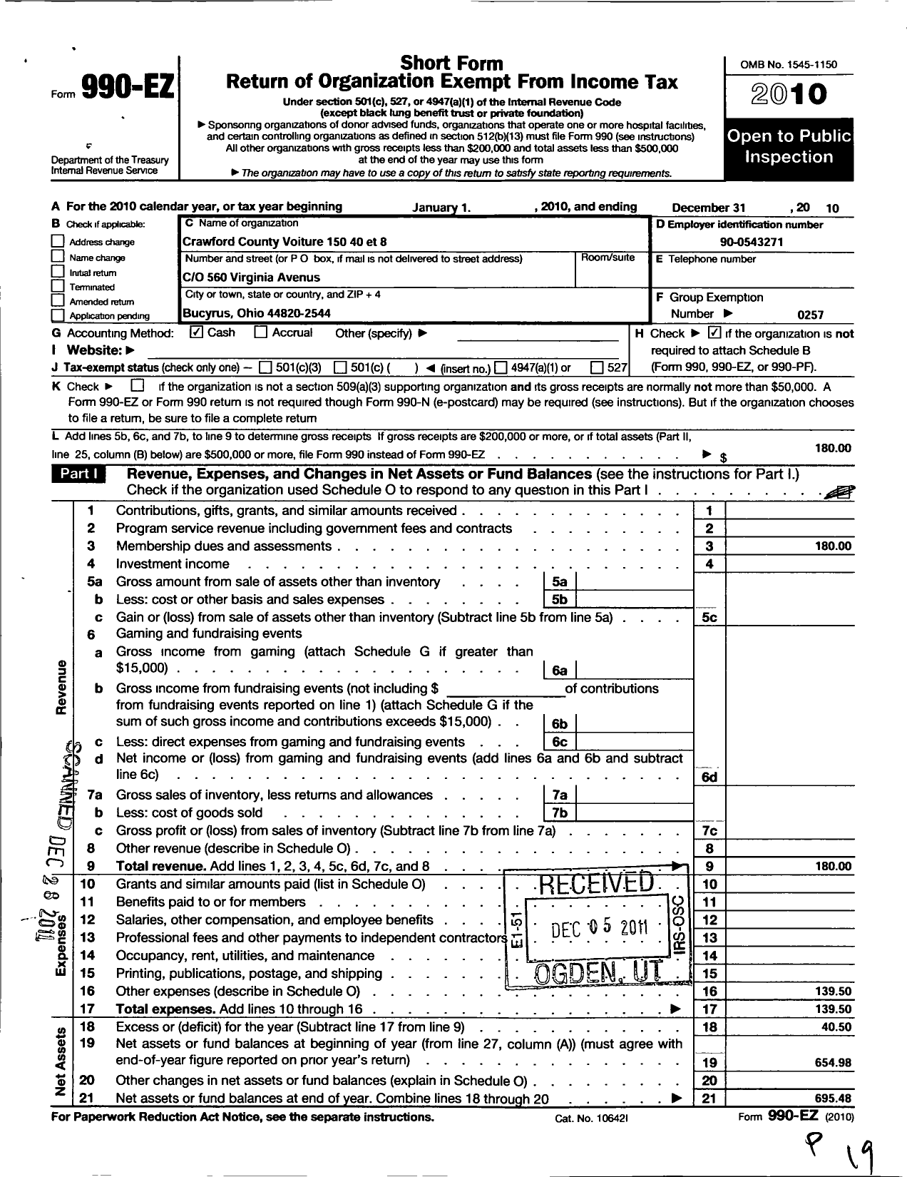 Image of first page of 2010 Form 990EO for The Forty and Eight - 150 Voiture Locale