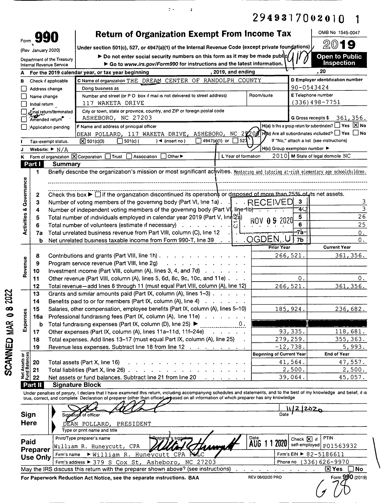 Image of first page of 2019 Form 990 for The Dream Center of Randolph County